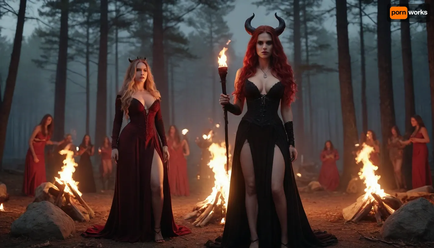 uber realistic image, fullcolor image, full body view, 8K quality, ultra detailed, masterpiece, coven, Beautiful queen witch have sex vith huge devil, in a luxory slutty black dress, with a low neckline, anorexic skinny, huge heavy very saggy breasts, very long wavy hair, lies on a stone altar in a satanic temple, a huge red skinned horner devil fucked a witch, the rest of the witches stand around with torches in their hands, night, bloody full moon, forest clearing, a fire burning in the background, sex, sex with devil, public sex, dark ritual, full body vision