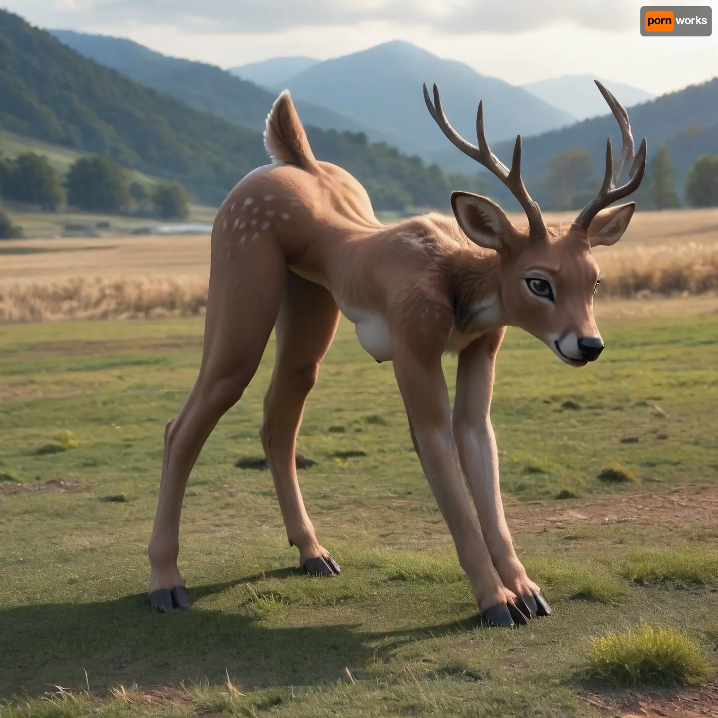 A nude slim female deer with huge natural breasts, (pierced nipples), field, slender, small body, petite, dark fur, grey fur, abs, ripped, (((fur on arms, fur on legs, fur on skin))), (standing on all fours), ((hooves)), (full body view), deer_hybrid, furry, (erect), veins, pump, up, (hooves for feet), (hooves for hands), <lora:veins pump up lora.TA_trained:1.1>, head up