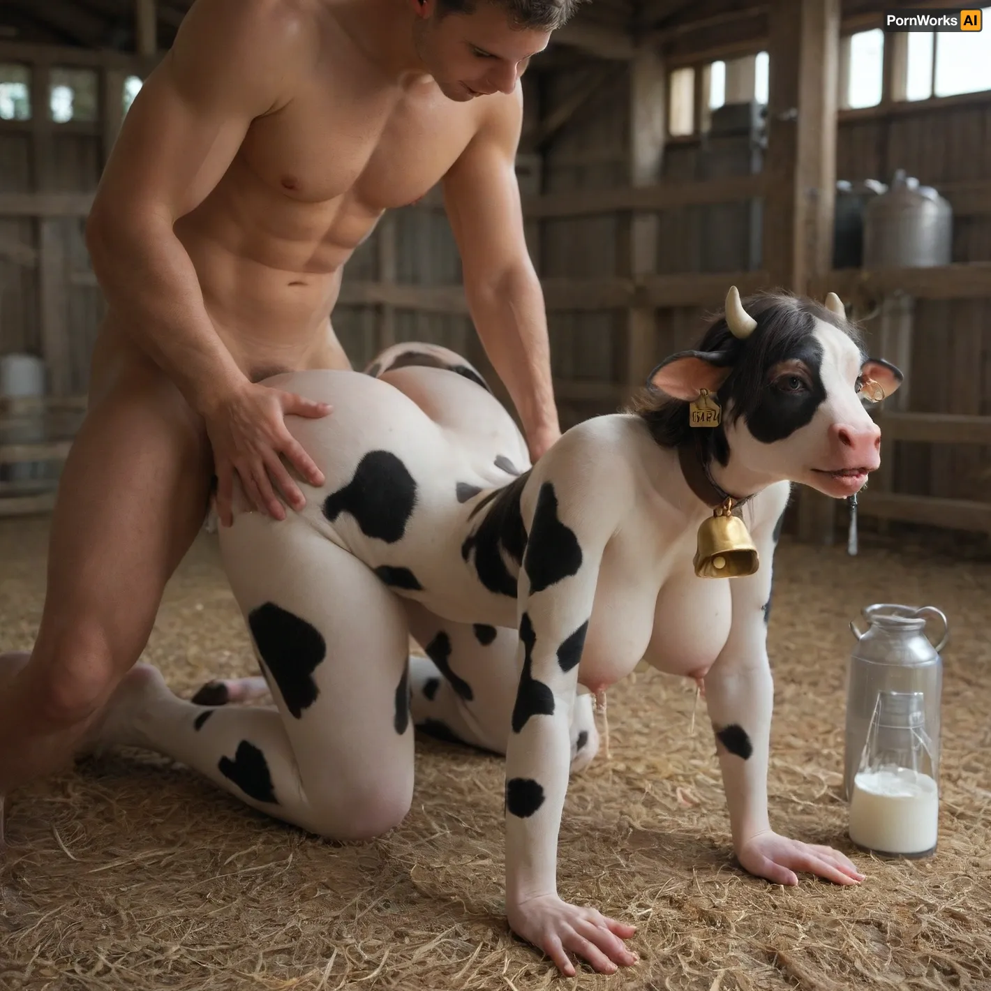 1 man, vaginal sex, (anthro cow woman:1.5), anthro cow face, (hucow:1.5), huge tits, cow hooves, cow horns, cow bell, huge ass, very curvy, lactating, cowbell collar, stables, milk machine, milk pump on her nipples, milked, horny, orgasm, on all fours on the floor, big cock, hands and feet tied to the floor, fucked by the farmer in doggy style, creampie, doggystyle, from, behind, human, on, anthro, feral, <lora:SDXL_Human_Male_Furry_Female:.5>