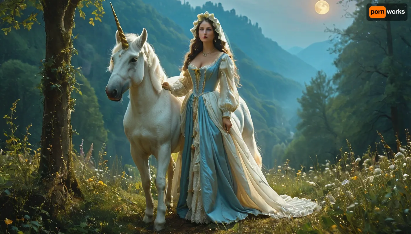 uber realistic image, fullcolor image, full body view, 8K quality, ultra detailed, masterpiece, dark fantasy, night, full moon, many glowing multi-colored flowers, Beautiful French shepherdess, 14th century, very thin figure, large massive breasts, long loose hair, dressed in a peasant dress with open pliches, breasts protrude high from the bodice of the dress, met a white unicorn with a golden horn on the edge of the forest romanticism, whole body in frame, whole body visible, whdbd, blue, dress, jewelry, necklace, bonnet, long, sleeves, bow, lace, trim, frills, pantyhose, <lora:whdbd XL:.8>, <lora:TQ_-_Beauty_and_Unicorn_XL-000006:.8>