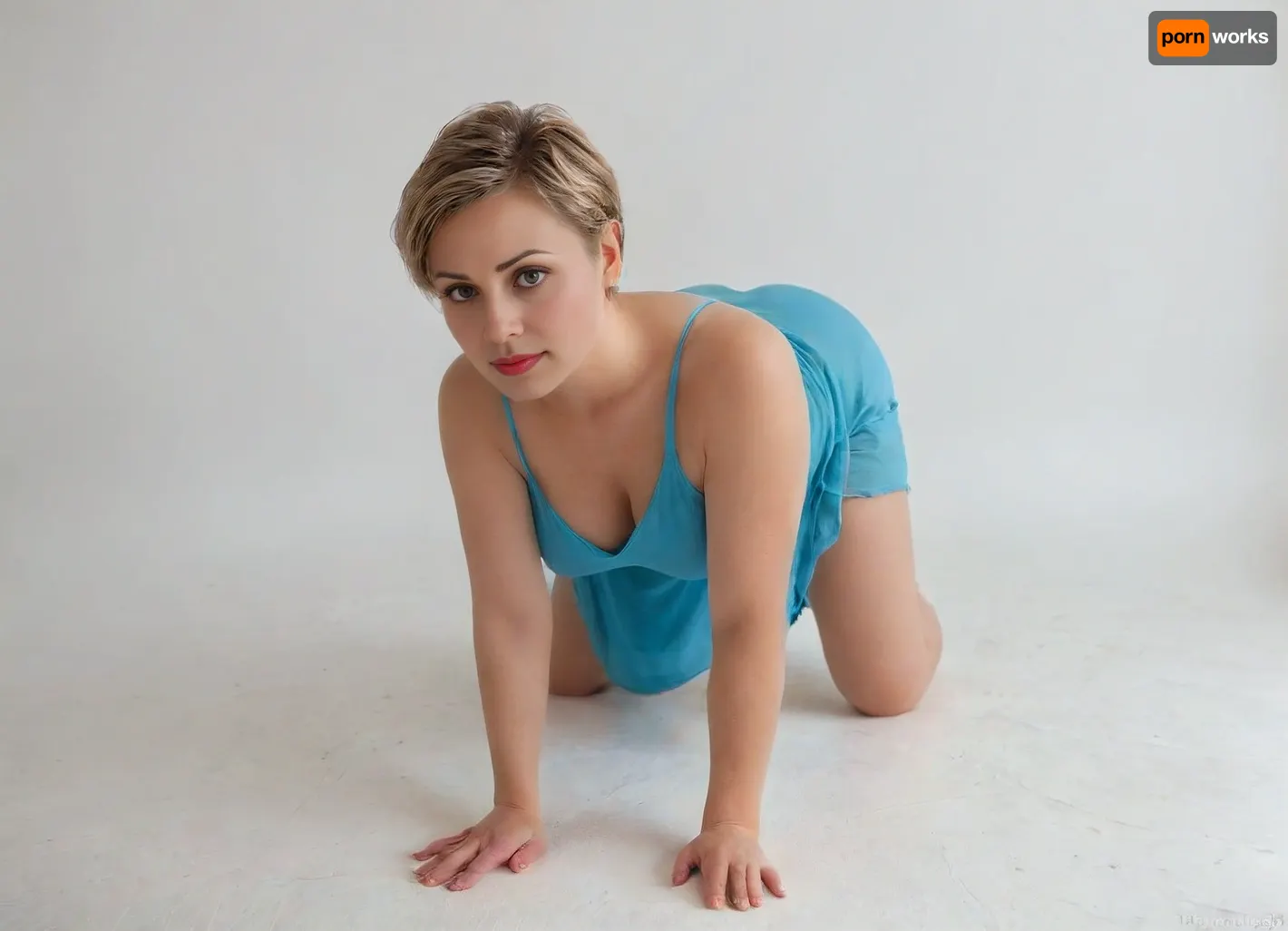(4K UHD ultra-detailed RAW photo), high detailed, 8k, (photorealistic:1.7), raw photo, 3/4 body view, soviet mature woman, ((completely clothing)), ((in dress)), (curvy body), ((blonde short pixie haircut)), 40 years old, perfect face, ((sad:1.3)), blue eyes, makeup, red lipstick, ((standing on all fours)), ((flashed her panties)), in forest, ((milf:1.7)), all, fours, skirt, lift, plump, skindentation, chubby, bbw, venus, body, big, breasts, ass, <lora:crawling_xl_1e-4:.5>, <lora:skirtLift:.5>, <lora:Chubby BBW - XL:.5>, relaxed, <lora:BT_Relaxed_Mini_Dress_XL:.5>, ruffle, mini, dress, <lora:BT_Ruffle_Mini_Dress_XL:.5>