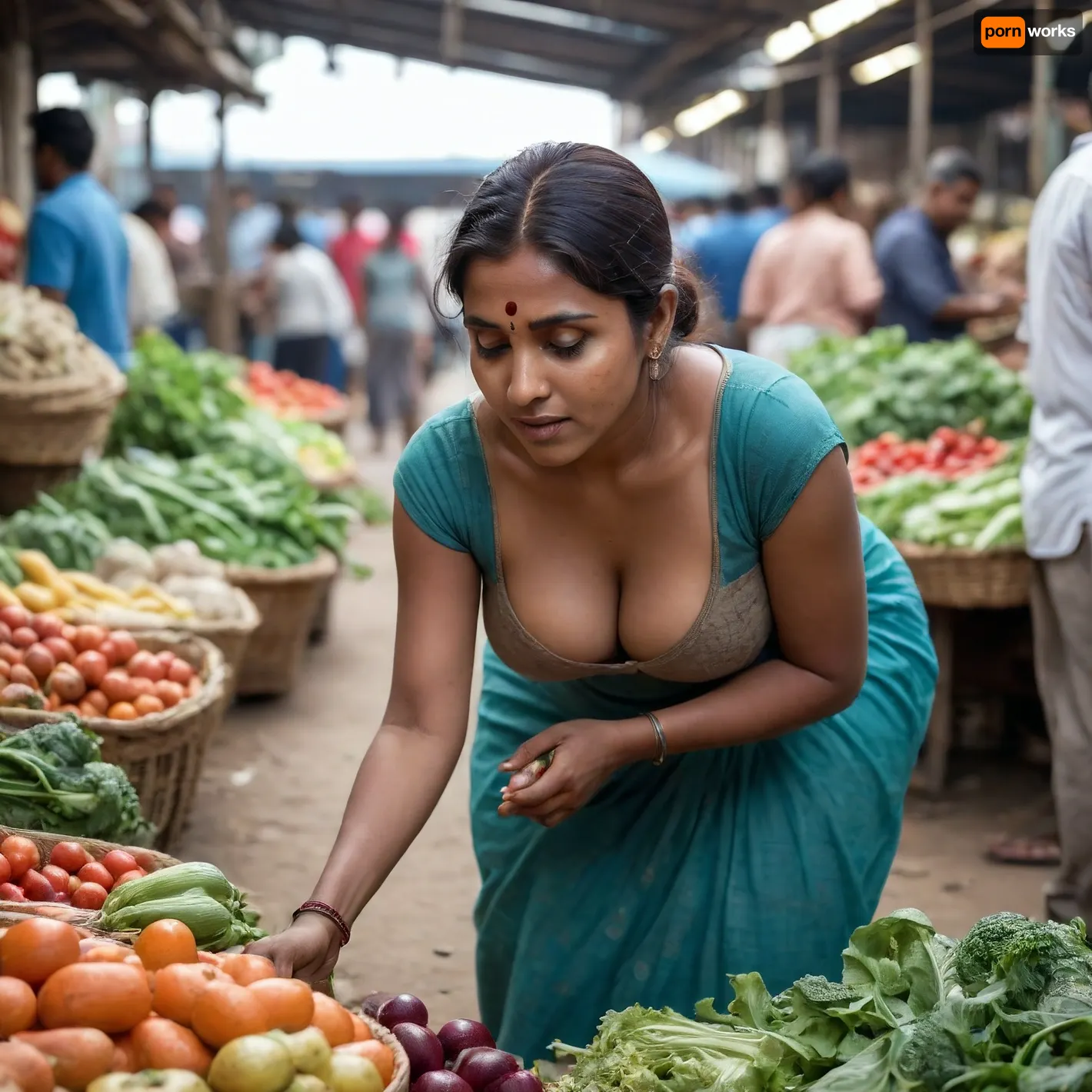 busty 40 year old Indian woman aunty bending down to show very deep cleavage while collecting vegetables in market. Cleavage should not be intentional and show dark brown nipples