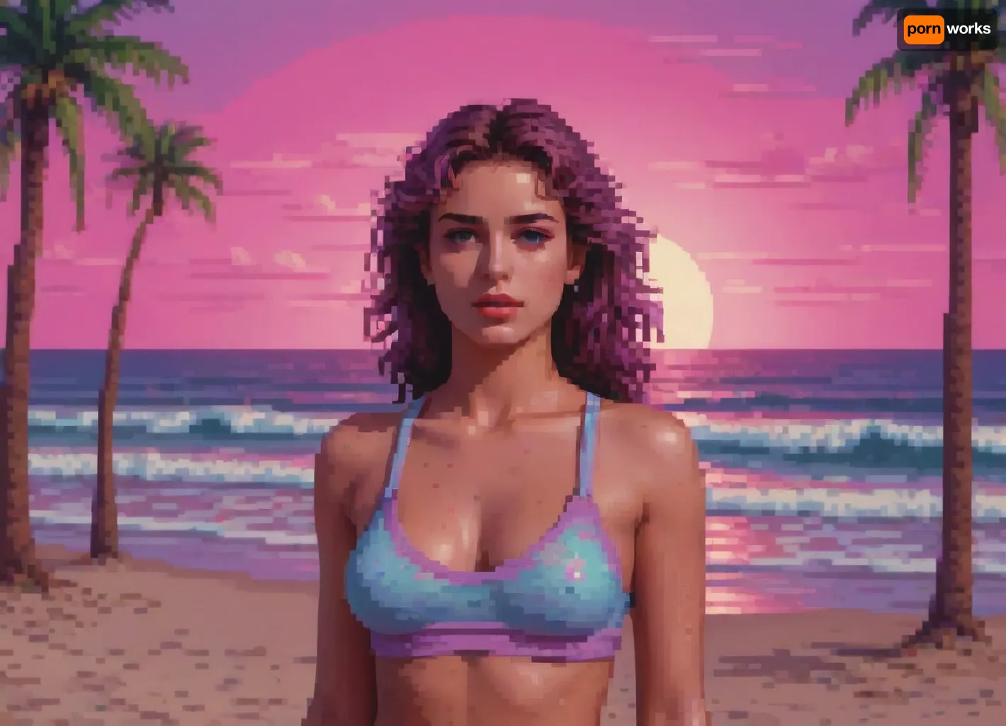 pixelart of a sexy vaporwave beach babe, <lora:pixel-art-xl-v1.1:.9>