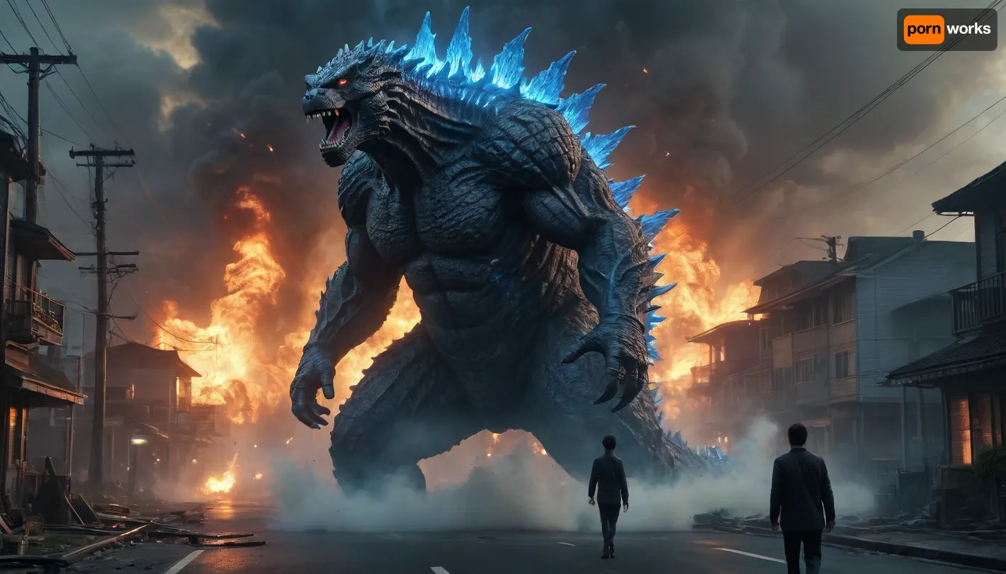 uber realistic image, fullcolor image, full body view, 8K quality, ultra detailed, masterpiece, dark fantasy, A giant monster, Godzilla, ((170 meters tall)), Godzilla's dorsal spines glow with a blue electrical discharge, ((emerges from the sea onto the streets of Tokyo)), a stream of blue plasma shoots from the monster's mouth into the nearest house, destruction, destroyed houses, fires, houses and cars burn, many people run in panic from the monster, side view, whole body in frame, whole body visible