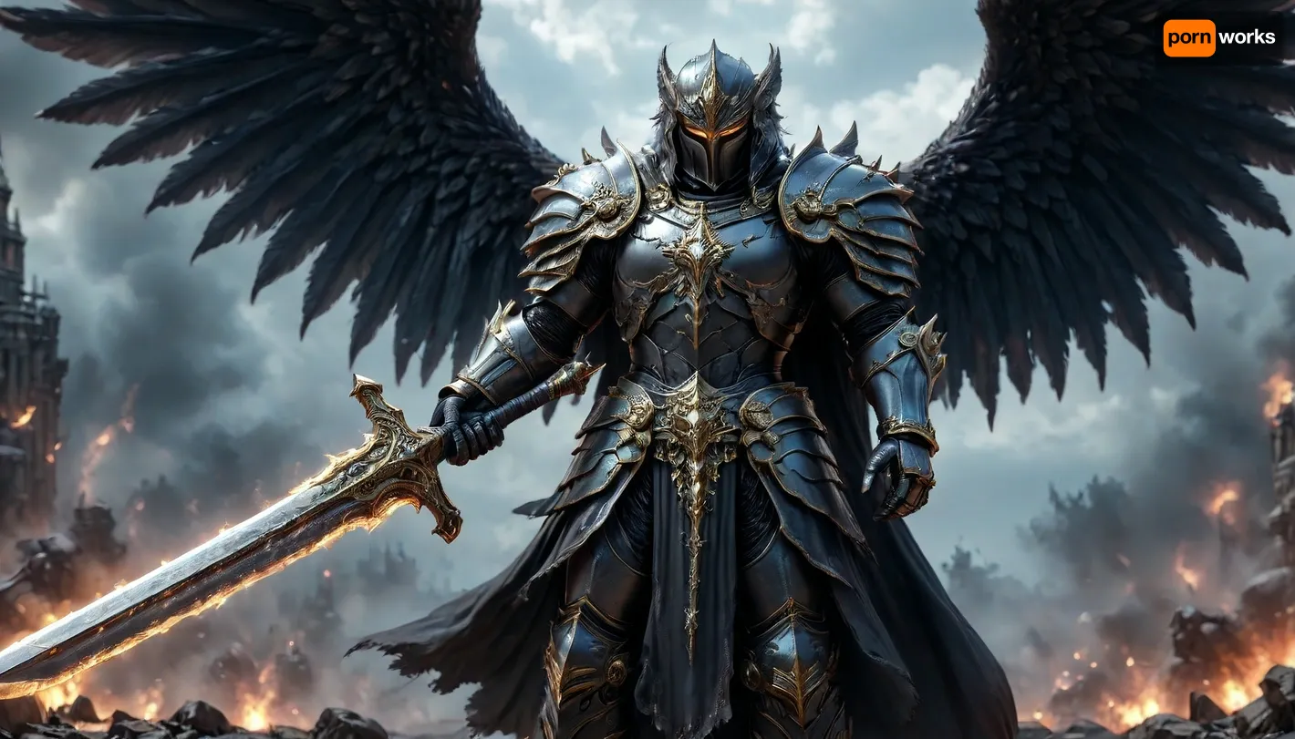 fantasy art, full body picture, UHD 8K, extreme realism, maximum detail, very big slim tall dark Angel with battlearmor, holding a big long weapon, detailed full armored helmet, detailed battleground in background, big black and white wings, light effects, hkstyle, ca45mv7-100, <lora:hkstyleV5:1>, <lora:detailed_notrigger:.7>