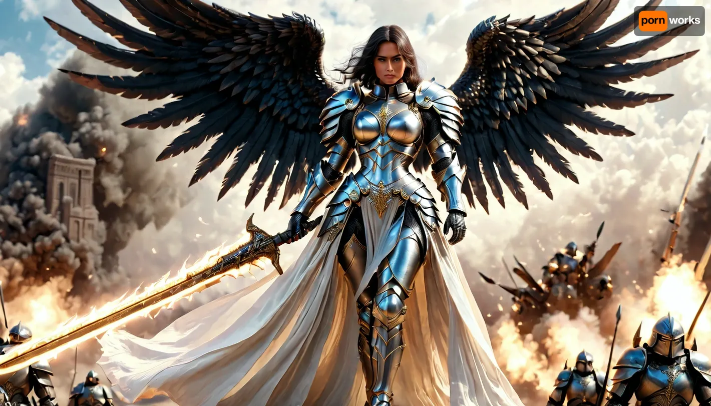 fantasy art, full body picture, UHD 8K, extreme realism, maximum detail, very big slim tall dark Angel woman with battlearmor, holding a big long weapon, detailed full armored helmet, detailed battleground in background, big black and white wings, light effects, hkstyle, ca45mv7-100, <lora:hkstyleV5:1>, <lora:detailed_notrigger:.7>