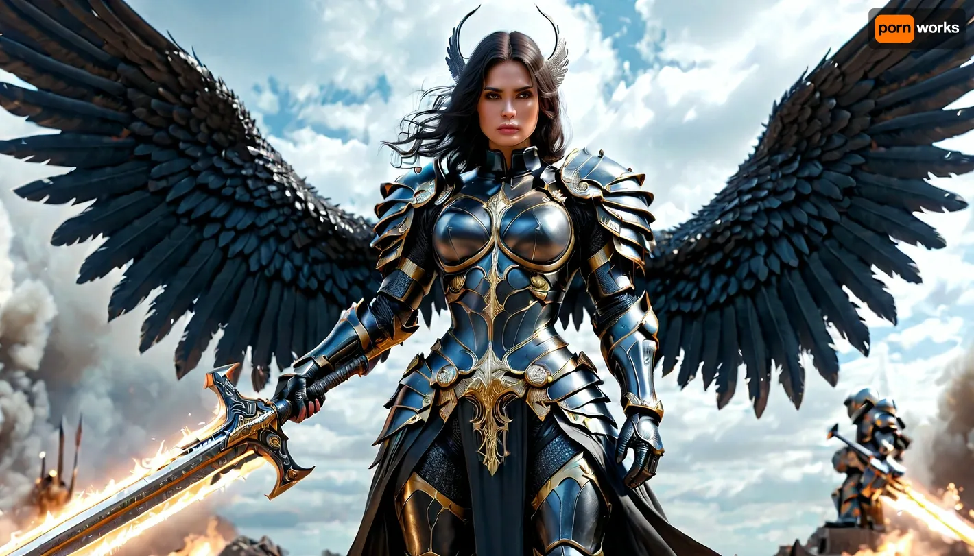 fantasy art, full body picture, UHD 8K, extreme realism, maximum detail, very big slim tall dark Angel woman with battlearmor, holding a big long weapon, detailed full armored helmet, detailed battleground in background, big black and white wings, light effects, hkstyle, ca45mv7-100, <lora:hkstyleV5:1>, <lora:detailed_notrigger:.7>