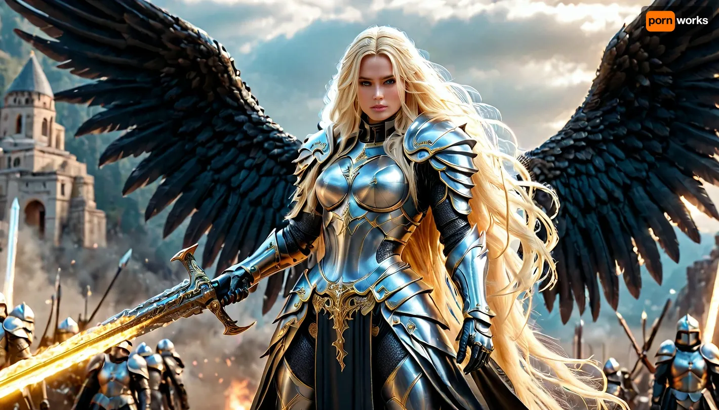 fantasy art, full body picture, UHD 8K, extreme realism, maximum detail, very big slim tall dark Angel woman with battlearmor, ((very long blonde hair)), ((long hair:1.5)), holding a big long weapon, detailed full armored helmet, detailed battleground in background, big black and white wings, light effects, hkstyle, ca45mv7-100, <lora:hkstyleV5:1>, <lora:detailed_notrigger:.7>