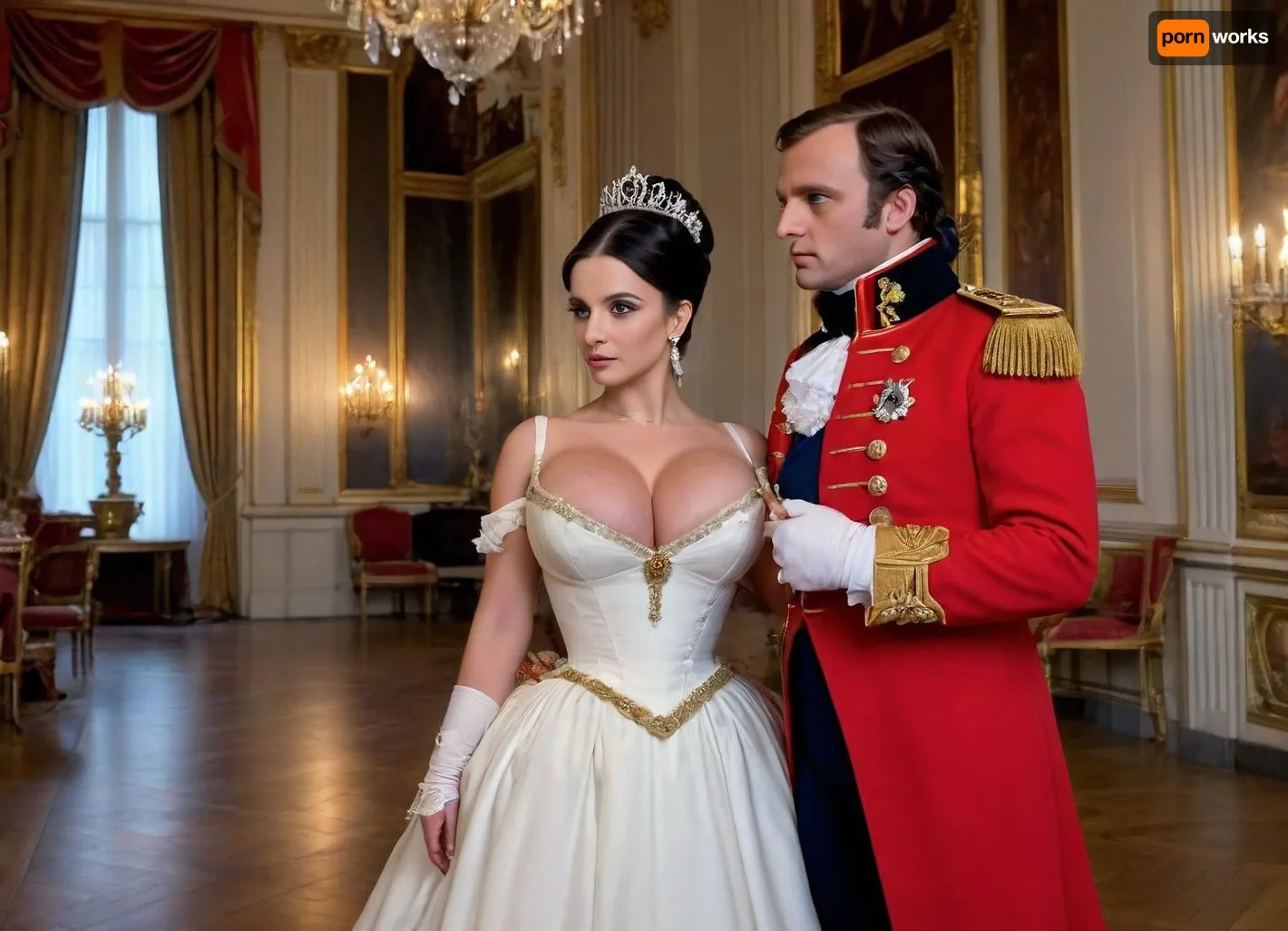 uber realistic image, fullcolor image, full body view, 8K quality, ultra detailed, masterpiece, ((Napoleon Bonaparte and Josephine)), dressed as a general in Napoleon's army, in the ceremonial hall of Versailles, grabbed a woman by the breast, a woman in an 18th century French ball gown with an extremely deep neckline, (she has black hair), no nipples, extreme cleavage, side view, whole body in frame, whole body visible, large, breasts, big, boobs, huge, tits, <lora:bombshell_v2:2>