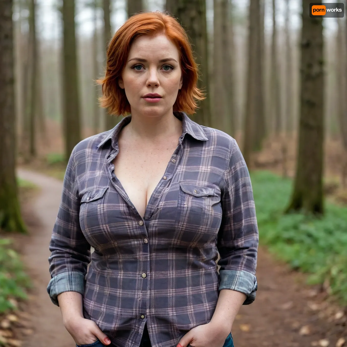 A red-haired, freckled mature chubby woman, (short straight wet hair), .very big boobs., (plaid shirt with sleeves rolled up at the forearms), . Huge breasts, large nipples., (strong large shoulders), . Very large lips., (The mouth is large, very thick-lipped.), ., (strong forearms), . Brown eyes., (wristwatch on one hand), . Lustful look., (raised eyebrow), .Full length view In the village. Forest.