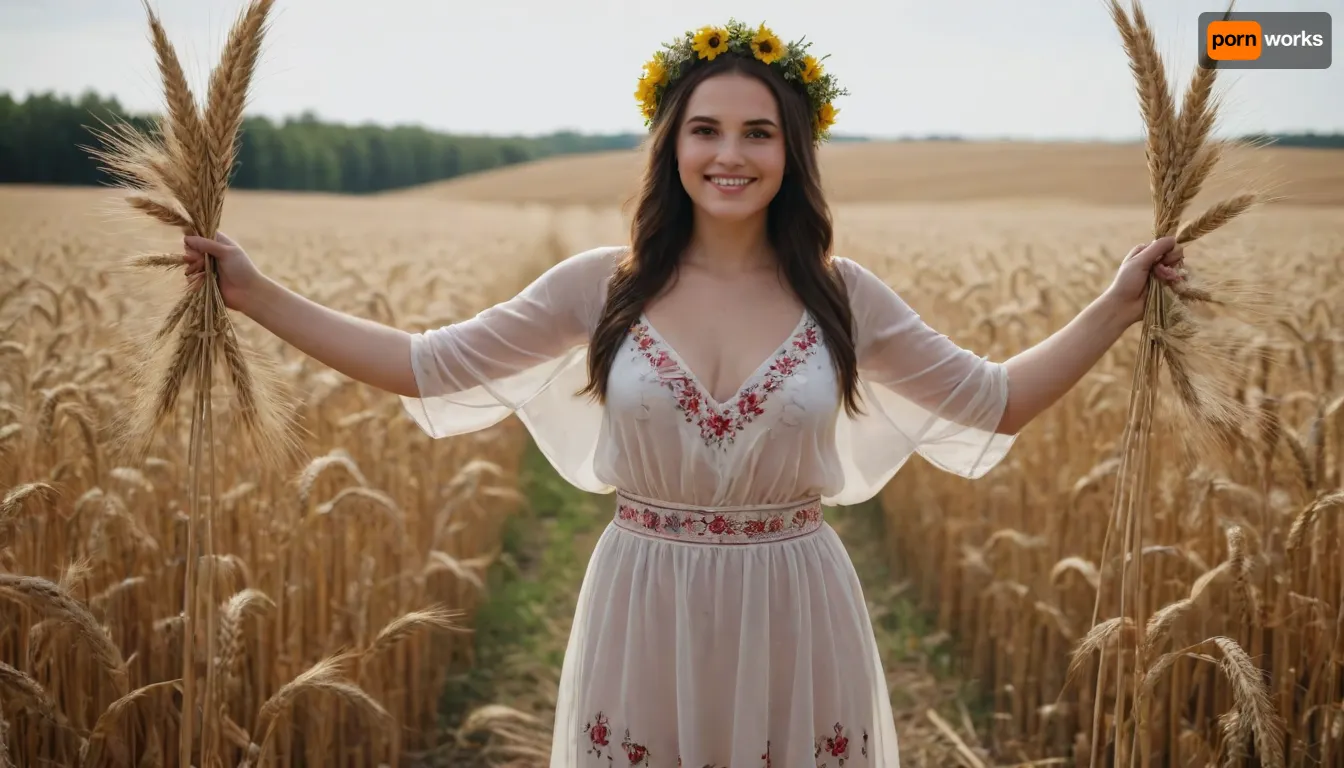 captivating young dark-brunette well-built Ukrainian girl, smiling, desirable plus-size breasts and thighs, translucent fine fabric loose-fitting embroidered extra long Ukrainian blouse and skirt covering knees on completely bare body, barefoot, a wreath made of wheat spikes on