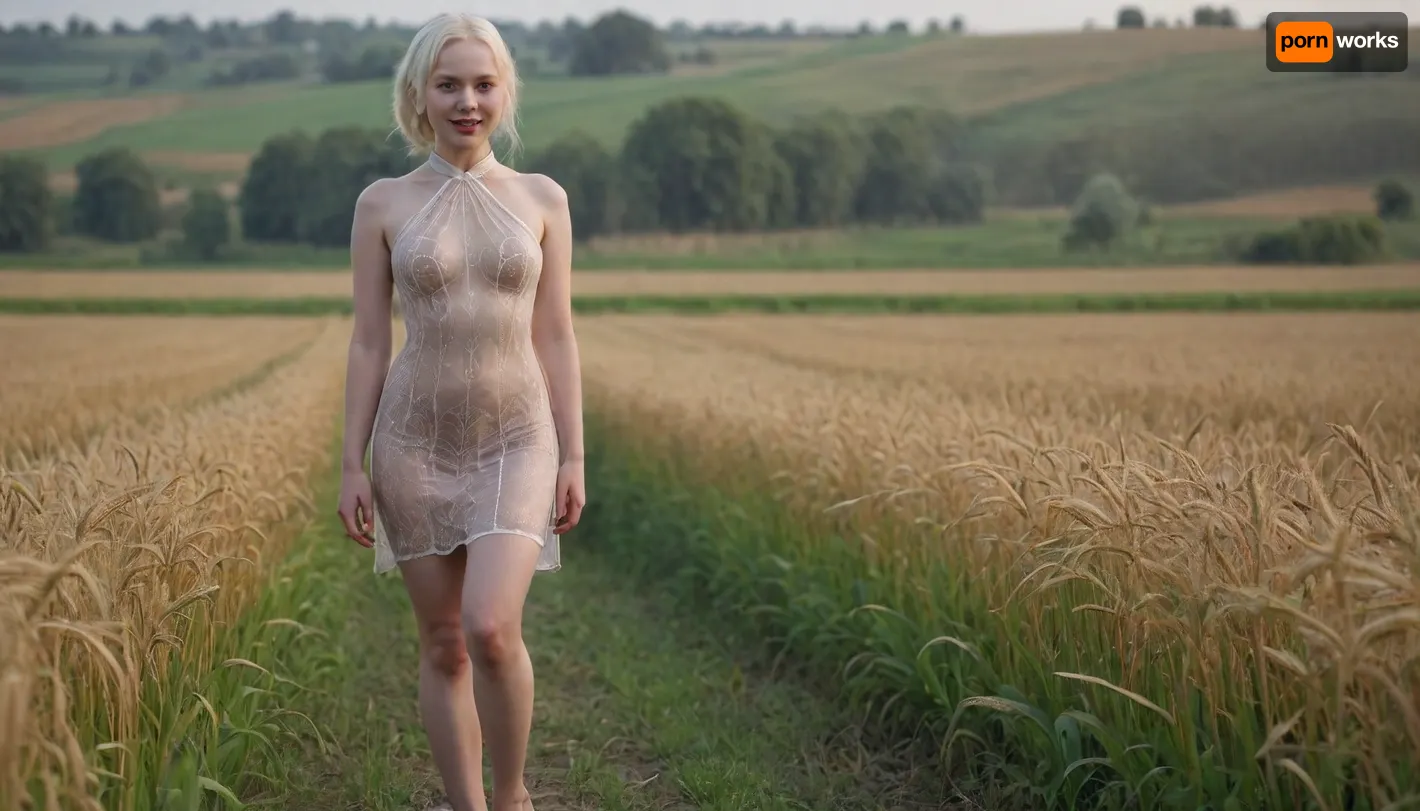 captivating young 5-feet albino Ukrainian girl, chubby, smiling, desirable big breasts and thighs, traditional fully transparent absolutely colorless and patternless invisible cheongsam of spiderweb density on completely bare body, barefoot, warm summer rain, rice field with ripe panicles, dawn