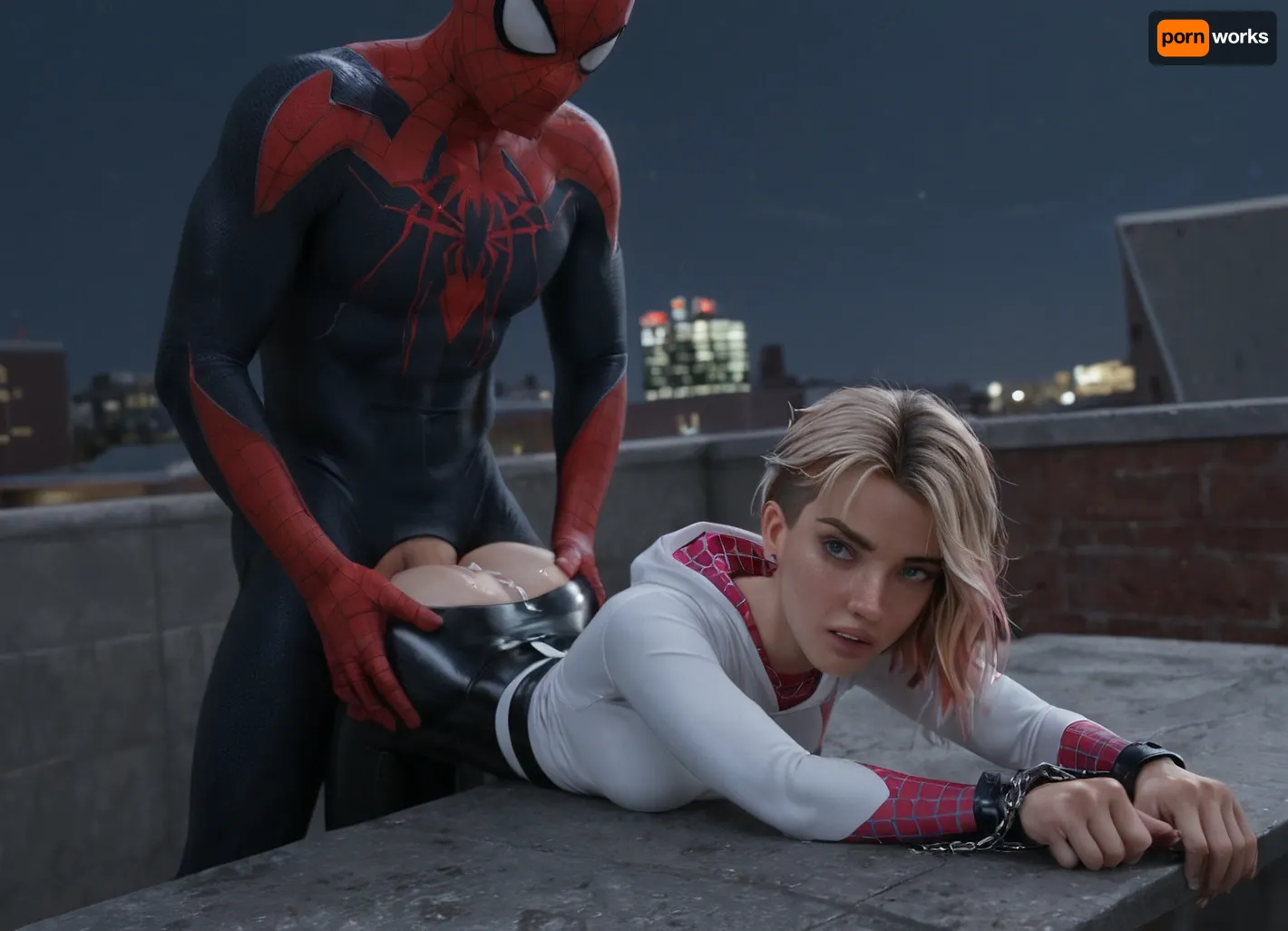 (Spidergwen from Spiderman:1.3), latex, (wrists shackled, hands behind back:1.2), slim build. Clothed, on stomach, showing ass, anal sex, 1boy, angry, cum on ass, rooftop. night, maximum details