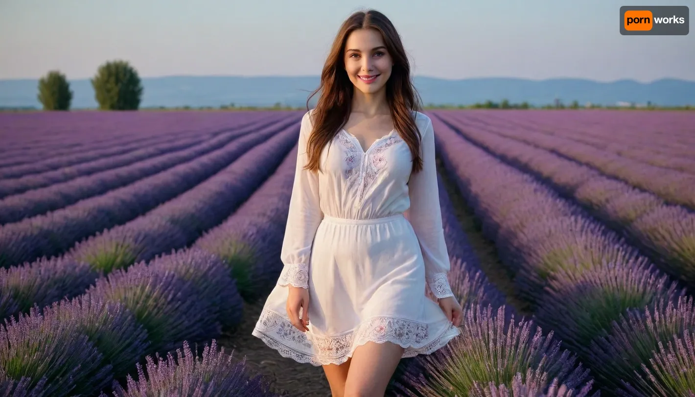 captivating young 5-feet brunette Ukrainian girl, smiling, desirable big breasts and thighs, traditional fine fabric loose-fitting snow-white embroidered extra long Ukrainian blouse and skirt covering knees on completely bare body, barefoot, clear blue sky, lavender field intensely blooming, sunrise