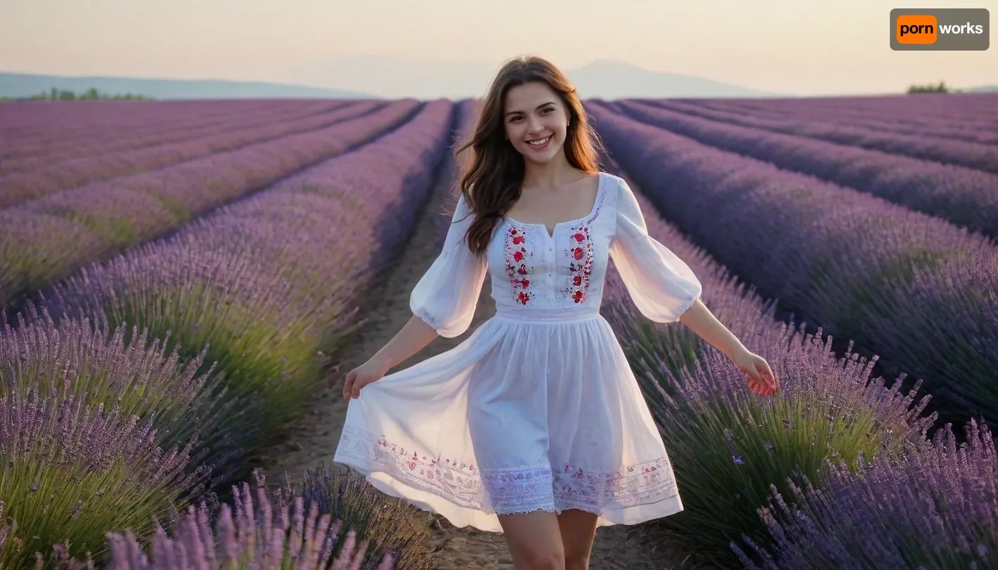 captivating young 5-feet brunette Ukrainian girl, smiling, desirable big breasts and thighs, traditional fine fabric loose-fitting snow-white embroidered extra long Ukrainian blouse and skirt covering knees on completely bare body, barefoot, clear blue sky, lavender field intensely blooming, sunrise