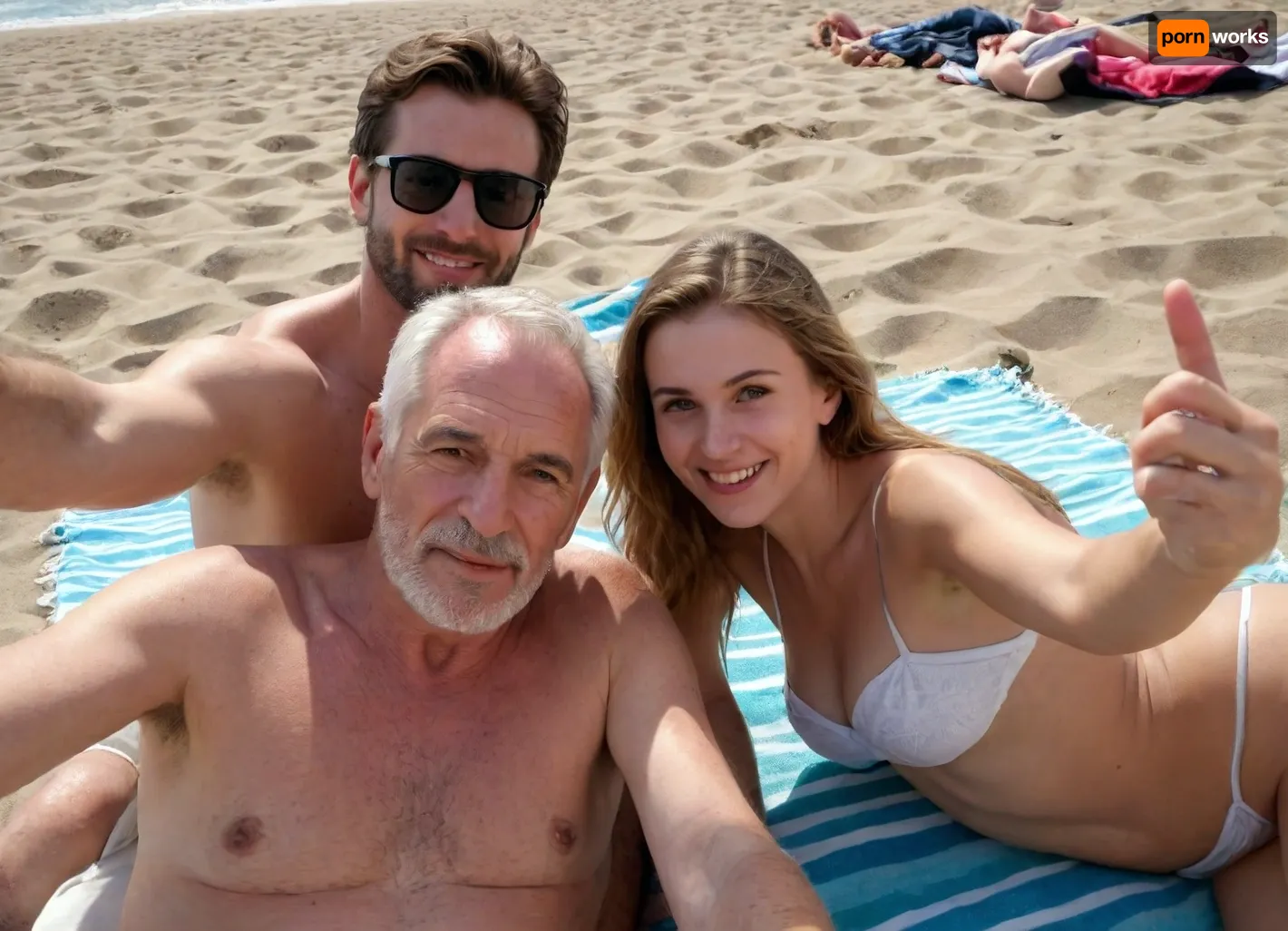 ((3 people in the image)), a 70y.o. elderly man, a 30y.o. woman and a 30y.o. man, on a beach towel, summer time, crowded beach, selfie, hot day