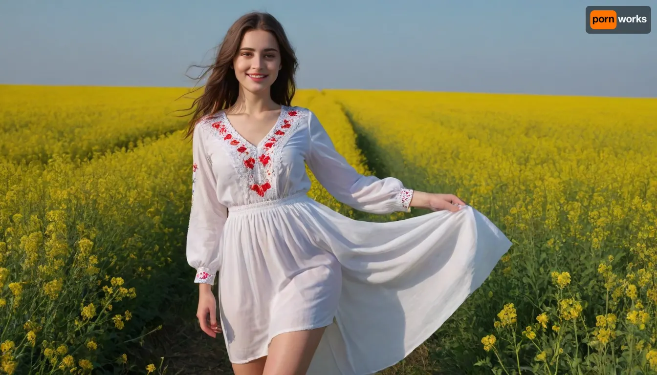 captivating young 5-feet brunette Ukrainian girl, smiling, desirable big breasts and thighs, traditional fine fabric loose-fitting snow-white embroidered extra long Ukrainian blouse and skirt covering knees on completely bare body, barefoot, clear blue sky, lush human-height canola intensely blooming, sunrise