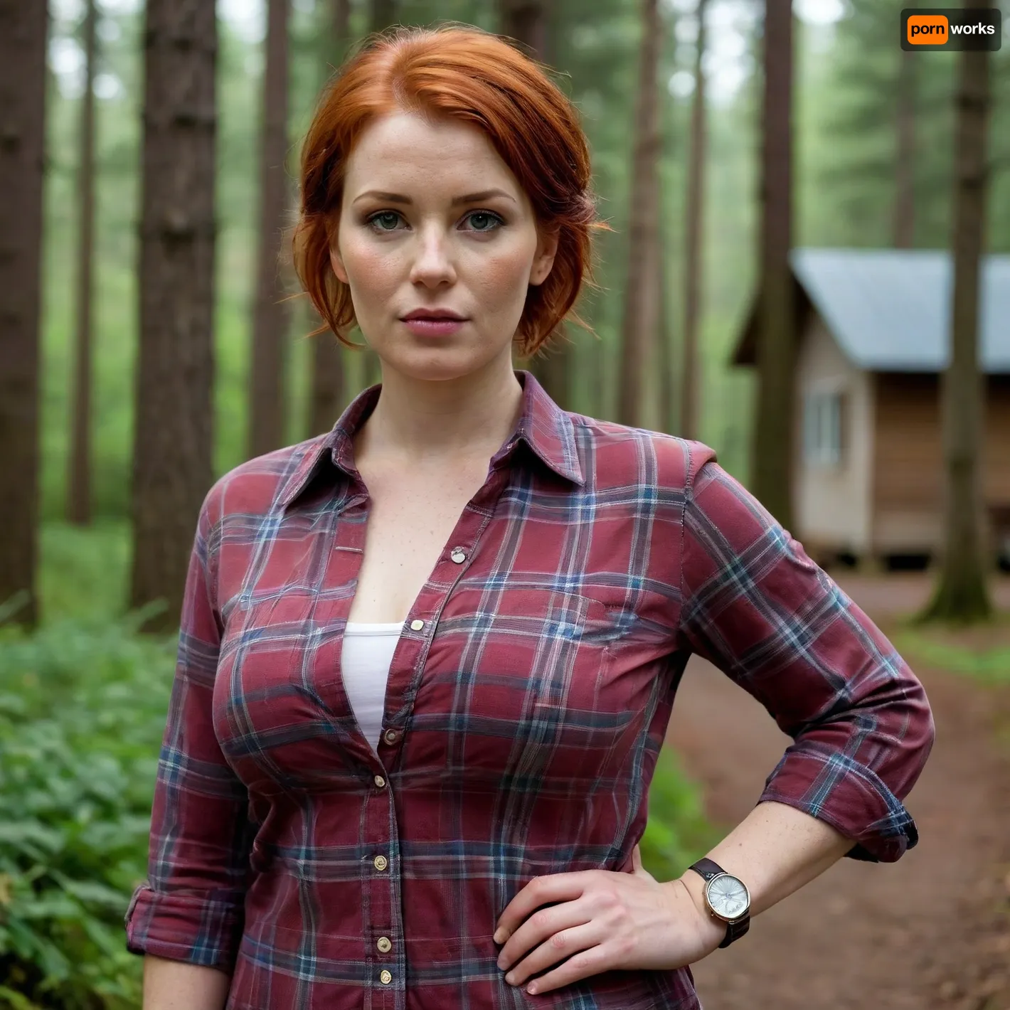 A red-haired, freckled mature chubby woman, (short straight wet hair), ., (plaid shirt with sleeves rolled up at the forearms), . Huge breasts, large nipples., (strong large shoulders), . Large lips., (strong forearms), . Brown eyes., (wristwatch on one hand), . Lustful look., (raised eyebrow), .Full length view In the village. Forest.
