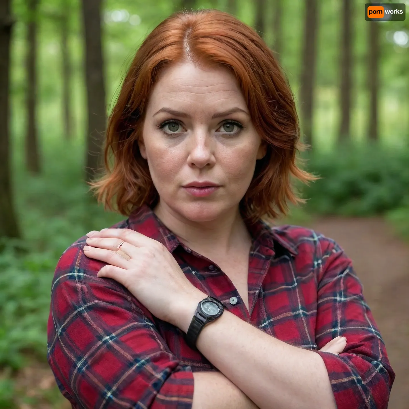 A red-haired, freckled mature chubby woman, (short straight wet hair), .very big boobs., (plaid shirt with sleeves rolled up at the forearms), . Huge breasts, large nipples., (strong large shoulders), . Very large lips., (The mouth is large, very thick-lipped.), ., (strong forearms), . Brown eyes., (wristwatch on one hand), . Lustful look., (raised eyebrow), .Full length view In the village. Forest.