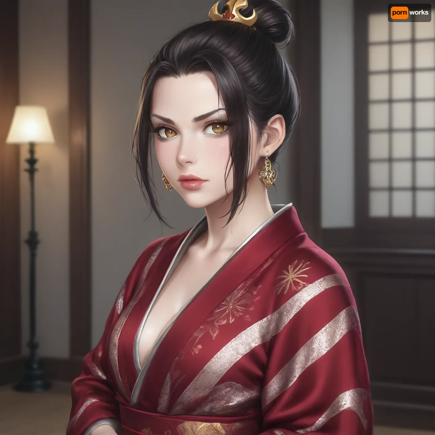 Azula from Avatar, photo of sexy brunette with pouty lips, DD cup size, shiny black pvc kimono, dark bedroom, flash photography