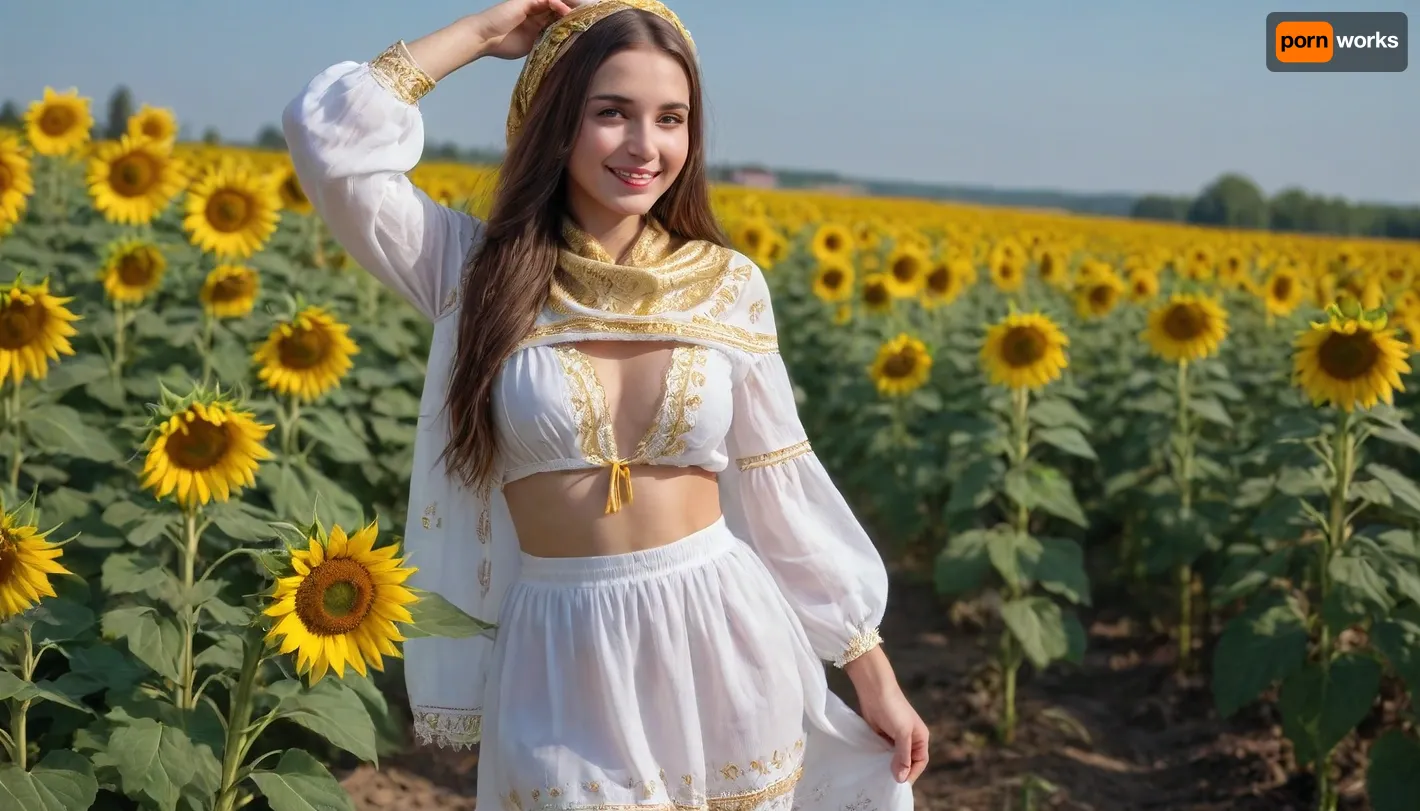 captivating young 5-feet brunette Ukrainian girl, smiling, desirable big breasts and thighs, traditional fine fabric loose-fitting snow-white gold-embroidered extra long Ukrainian blouse and skirt covering knees on completely bare body, a gold-embroidered snow-white scarf over head, barefoot, clear blue sky, lush human-height sunflowers intensely blooming, sunrise