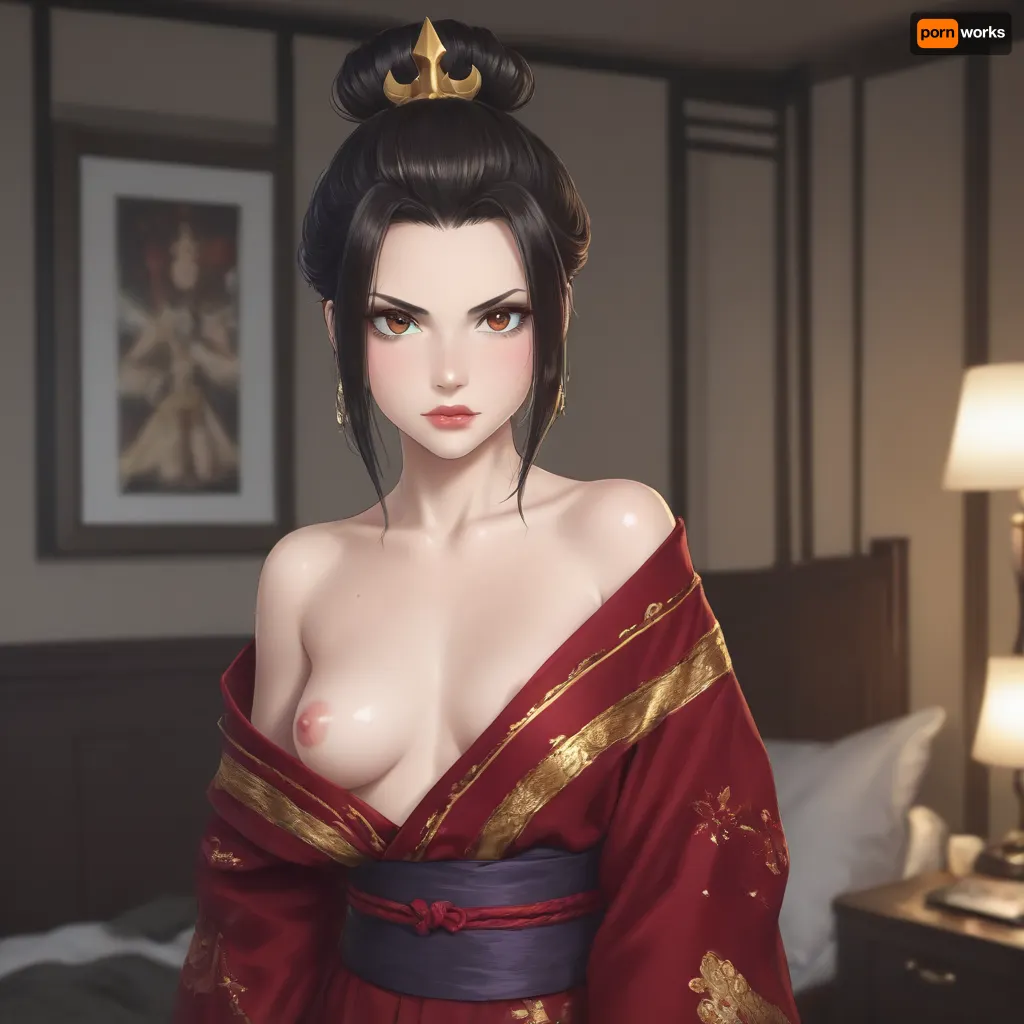 Azula from Avatar, photo of sexy brunette with pouty lips, DD cup size, shiny black pvc kimono, dark bedroom, flash photography