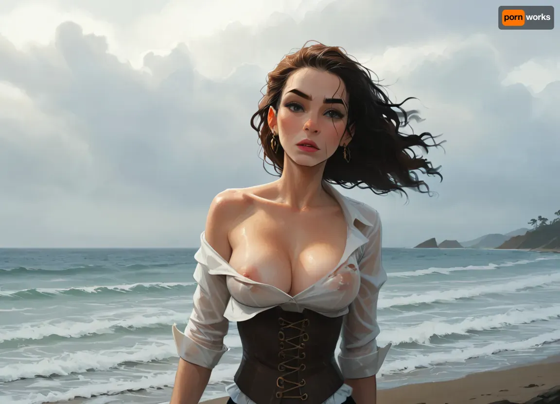 Pirate Queen — Helm in the Storm 17th-century pirate captain at the helm in a battered tricorn and undone linen shirt over a corset, upper torso and a hint of cleavage visible exposed boobs with nipples, wind-torn coat, wave-spray, dramatic storm lighting, rugged, incase, style, samdoesart, <lora:287175_training_data:1.5>, <lora:samdoesart_style_xl_v1:.5>, <lora:Animated_Concept:.5>, <lora:outline_xl_kohaku_delta_spv5x:.7>