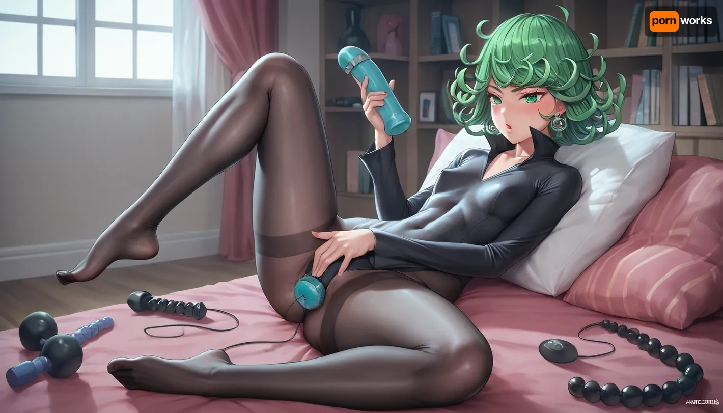 Tatsumaki mature look, masturbates, gigantic sex toys, glossy 30 denier black nylon sheer crotch bodystocking, no shoes, pantyhosed