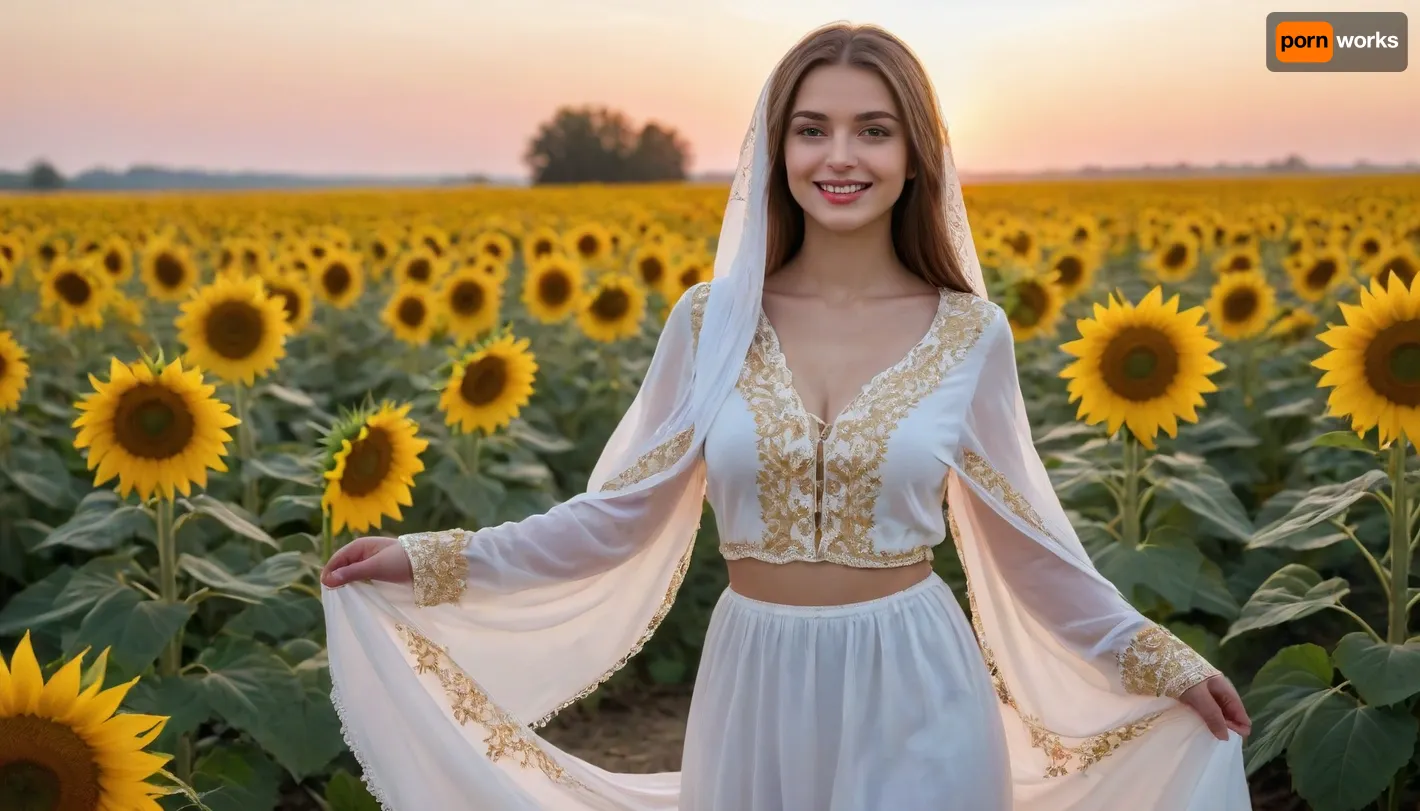 captivating young 5-feet brunette Ukrainian girl, smiling, desirable big breasts and thighs, traditional fine fabric loose-fitting snow-white gold-embroidered extra long Ukrainian blouse and skirt covering knees on completely bare body, a gold-embroidered snow-white scarf over head, barefoot, clear blue sky, lush human-height sunflowers intensely blooming, sunrise