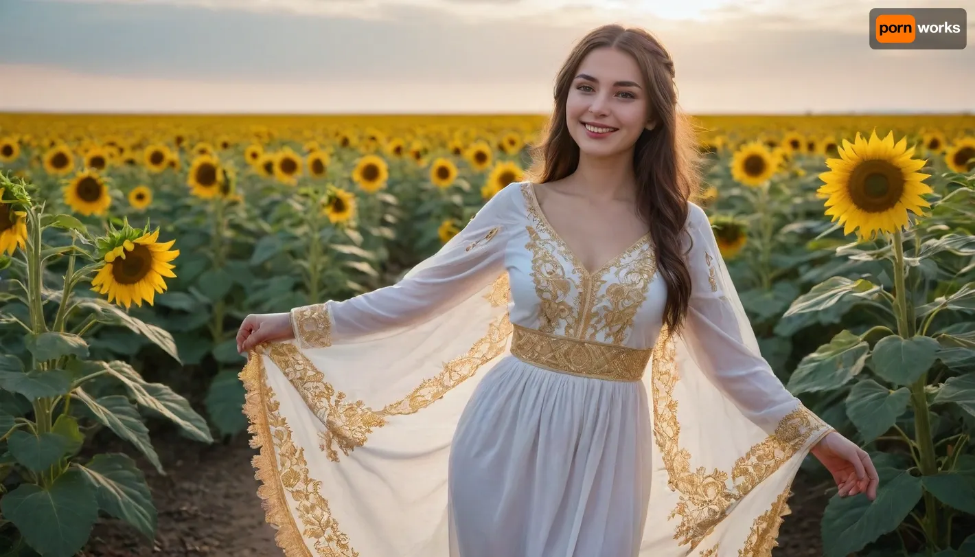 captivating young 5-feet brunette Ukrainian girl, smiling, desirable big breasts and thighs, traditional fine fabric loose-fitting snow-white gold-embroidered extra long Ukrainian blouse and skirt covering knees on completely bare body, a gold-embroidered snow-white scarf over head, barefoot, clear blue sky, lush human-height sunflowers intensely blooming, sunrise