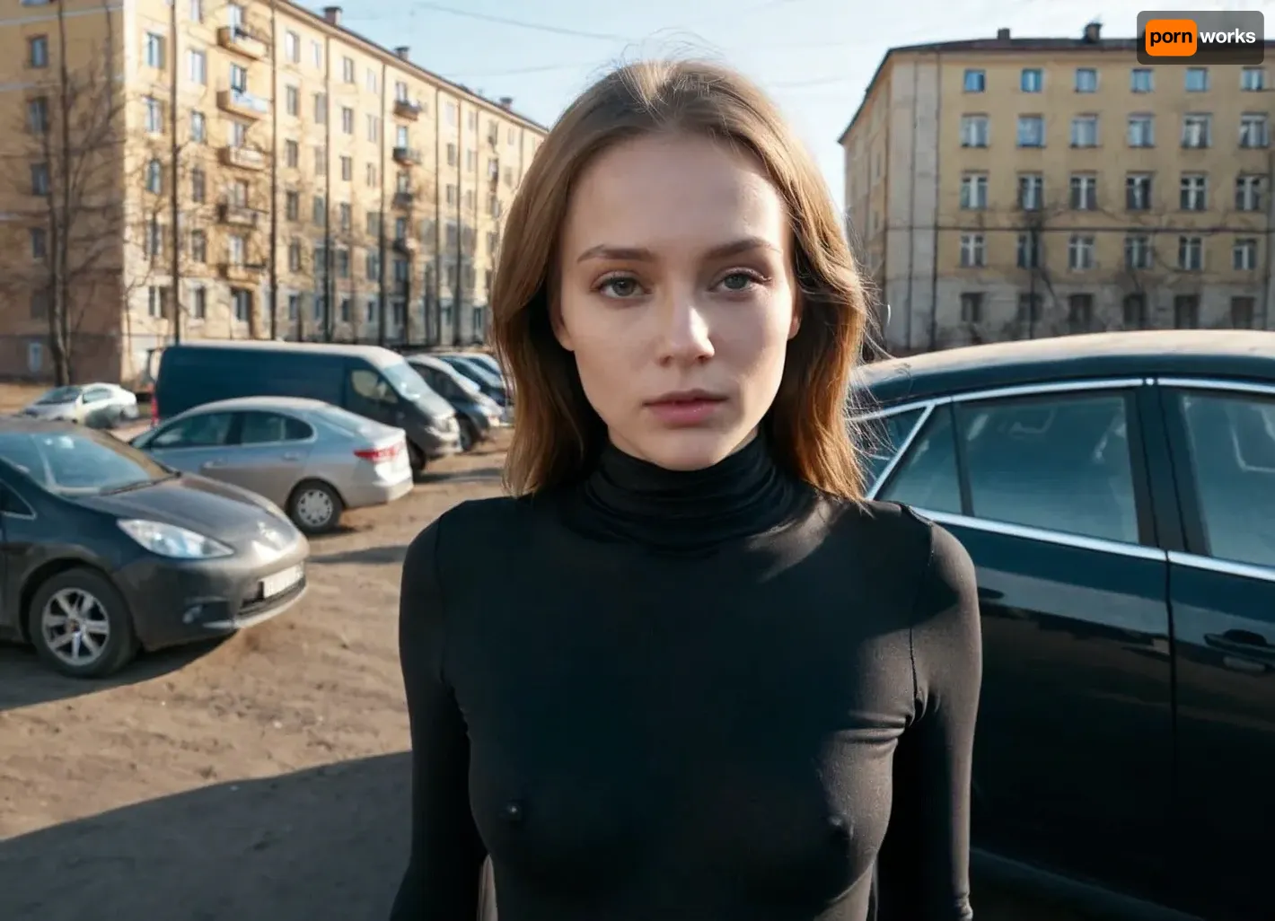 close up, Russia, panelki building, pov, poor, slutty, shawty girl, slutty black long sleeve bodysuit, pale, skin, dynamic, lighting, russian car, <lora:Pale_Skin_SDXL_v1.0:.8>, <lora:Dynamic_Lighting_by_Stable_Yogi_SDXL3_v1:.8>, <lora:dark slav suburbs_v0.0.1-15:.8>, <lora:panelki:.8>