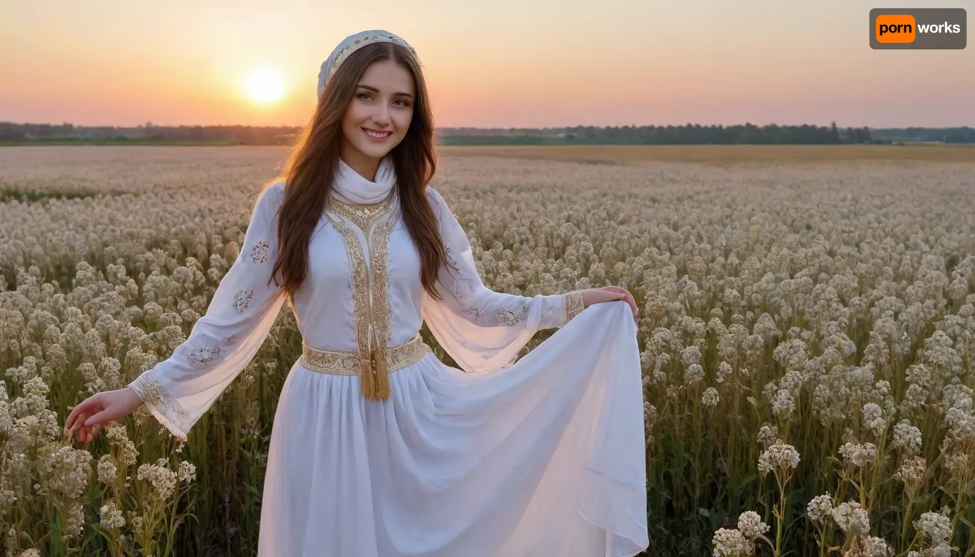 captivating young 5-feet brunette Ukrainian girl, smiling, desirable big breasts and thighs, traditional fine fabric loose-fitting snow-white gold-embroidered extra long Ukrainian blouse and skirt covering knees on completely bare body, a gold-embroidered snow-white scarf over head, barefoot, clear blue sky, lush buckwheat field intensely blooming, sunrise