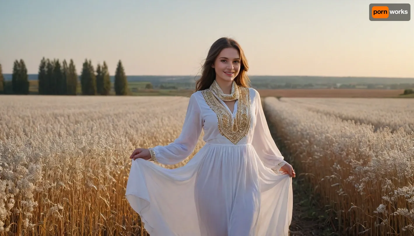 captivating young 5-feet brunette Ukrainian girl, smiling, desirable big breasts and thighs, traditional fine fabric loose-fitting snow-white gold-embroidered extra long Ukrainian blouse and skirt covering knees on completely bare body, a gold-embroidered snow-white scarf over head, barefoot, clear blue sky, lush buckwheat field intensely blooming, sunrise captivating young 5-feet brunette Ukrainian girl, smiling, desirable big breasts and thighs, traditional fine fabric loose-fitting snow-white gold-embroidered extra long Ukrainian blouse and skirt covering knees on completely bare body, a gold-embroidered snow-white scarf over head, barefoot, clear blue sky, lush buckwheat field intensely blooming, sunrise
