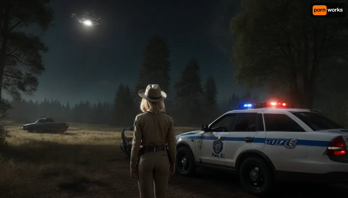 1girl, straight view from behind body in strong backlight, a skinny solo female sheriff wears an opened beige Sheriff uniform-jacket and cowboy hat, (beige uniform:1), (blonde female sheriff looks at spaceship far away in the sky:1.8), stands next to, (highly detailed police car with ultra bright emergency flashing lights:1.8), exposes sticked out cute butt, (hands on hood:1.2), (maximum arching back:1.5), (stands with legs apart), (small cute butt:1.6), eagerly hot, (bright flashlight illuminates the night magical colorful), (looks up at round spaceship:1.2), (above the landscape, a round illuminated, unidentified spaceship is visible:1.5), (highly detailed Spaceship:1.8), approaching for landing, (above the trees:1.6), surreal situation, unrealistic huge full moon, (strong backlight:1.4), at rainy night, novuschroma38, style, DonMN1gh7XL, John, Berkey, Style, page, FRESHIDEAS, Real, Photography, 2#, <lora:CBS_novuschroma38 style:.8>, <lora:DonMN1gh7rXL-000006:1.5>, <lora:dark:.8>, <lora:John Berkey Style:1.7>, <lora:FRESHIDEAS Real Photography 2#:.3>