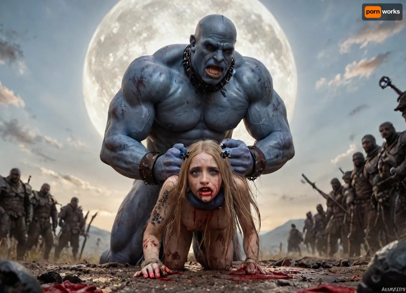 Dynamic View, Dynamic PoseRealistic XHyperreal Max Quality High detailed, back view, (Skinny thin ultra lean naked body:1.26), (Tiny Breasts:1.2), (very tiny soft Ass), (blonde naked cute sweet adorable gorgeous Highlightsyui ohtsuki, ultra flirty, kinkiest cutie, abigail williams, perfect lips, tanned soft skin, puffy nipples, very sweaty skin:1.2), masterpiece, best quality, amazing quality, Photorealistic, high resolution, professional photography, female drow elf barbarian, (blue skin:1.82), tall, angry, busty, curvy, thin waist, big boobs, big butt, slim, fit, vitiligo, strong, fur pelt armor, dungeons and dragons, purplish blue skin, black and purple hair, Dark, Elf, Warrior, Drow, tattooed, scarred, purple eyes, blue skin, amazon, giant, fur barbarian armor, bloody, blood spatter, bear, bear heart, (in a bloody filed after a battle, white full moon in the sky:1.4), (man is choking her from behind:1.4), ((hogtied, bound with large chains, crucified to a torture table, spikes through hands:1.3)), cock in mouth, (brutal face fuck), Blowjob, (tears in eyes:1.5), (running makeup), (cum drips from mouth:1.3), ultra hd, photorealistic, hyper gigantic large black cock in mouth, (((hyper gigantic large black cock in mouth:1.3))), oral cream pie, hair grab, sad crying, tongue out, gasping for air, zavy-brbrn, gangbang, double anal penetration, anal spitroast, groupsex, deepthroat, (4 gigantic African black brute thug, huge trunklike arms, huge head, hyper muscular body, dressed in slave clothes:1.32), ((hogtied, bound for sex, tied up)), (((large white cock in mouth:1.3))), (pulled nipples:1.2), nipple clamps, (((spitroast))), (((massive cock in mouth:1.3))), screaming, shocked, deep anal penetration, Uber realistic, 8k, ultra detailed, arched back, detailxl, 35mm photograph, film, professional, 4k, 1girl, 5 boys, hdr, photographic, ultra realistic, ultra high details, back light, (front view), (dynamic pose), incredibly lean body, anal sex, with large muscular black men, gargantuan black cocks, large hyper muscular fat old men, (double anal sex), swollen white veiny cocks, (double anal penetration), hardcore double penetration, proper physics, big white cocks, muscular white double anal gangbang, extremely graphic, shocked expression, beautiful hands, magazine cover, Realism_Quality_2xx_By_Stable_Yogi, score_9, score_8_up, score_7_up, (((very pretty face:1.3))), (((extremely ultra detailed face:1.3))), perfect fingers and hands, upper body view, (extreme size difference:1.16), (ultra realistic), (maximum quality), (high resolution), (extreme detail), (ultra realism), UHD, super high quality, highly detailed, perfect lighting, natural lighting, (dynamic angle), (side view), side view, golden hour, rich details, nature-inspired color palette, <lora:Dark_Elf_Warrior:2>, <lora:Drow:2>, <lora:339100_training_data:2>, <lora:zavy-brbrn-sdxl:2>, <lora:LCMTurboMix_Euler_A_fix:2>, Side view