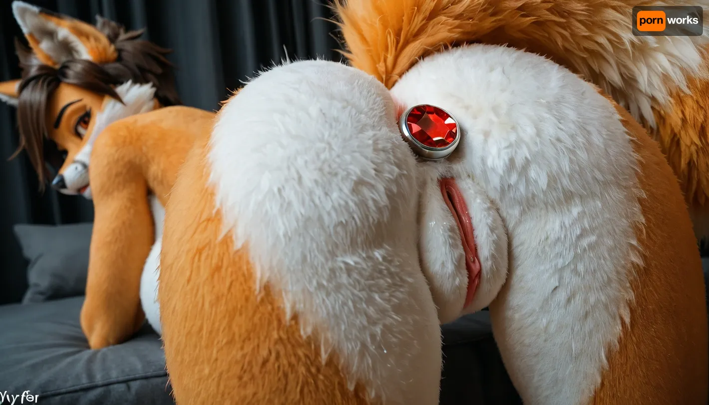 Close up of sensual stunning tracer from overwatch, female-fox, fox-breasts, fox-teets, tiny-waist, furry-yiff-face, Sexy furry, furry-art, fur, (((Sexy fox))), fox tail, (((fox face))), (((furry face))), anthro-furry-yiff, yiff-anthro-furry-fox, oiled, big ass View from waist down, bent forward, big ass up, Butt Plug with red diamond, Sensual, erotic, wet orgasm pussy, open pussy, extreme pussy cameltoe, Point of View focus butt