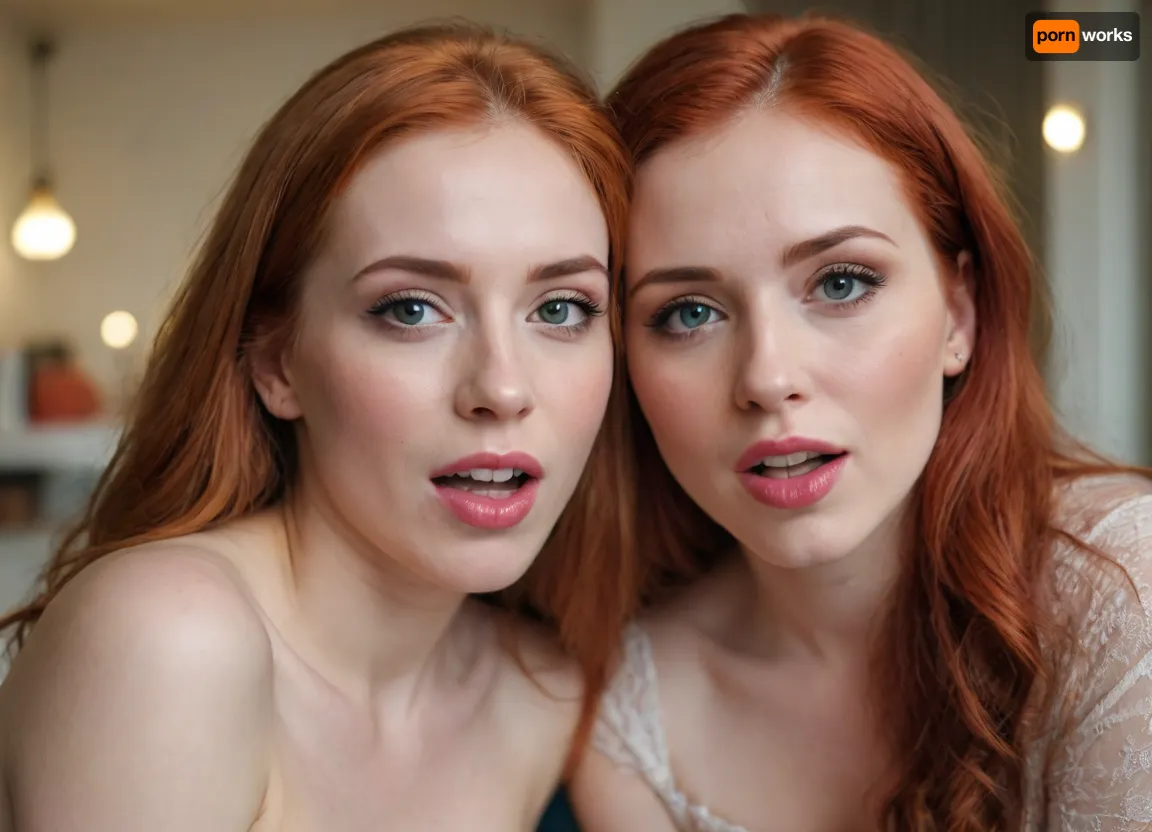 photo of three completely different women cheek on cheek, one with red hair, one with brunette hair and one with blonde hair. they are wearing soft makeup, tongue out, licking. looking at viewer. the background is blurry indoor.
