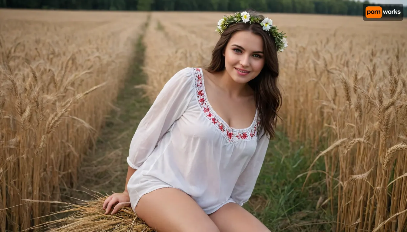 captivating young dark-brunette well-built Ukrainian girl, smiling, desirable plus-size breasts and thighs, fine fabric loose-fitting embroidered extra long Ukrainian blouse covering knees on completely bare body, barefoot, a wheat spikes wreath on captivating young dark-brunette well-built Ukrainian girl, smiling, desirable plus-size breasts and thighs, fine fabric loose-fitting embroidered extra long Ukrainian blouse covering knees on completely bare body, barefoot, a wheat spikes wreath on