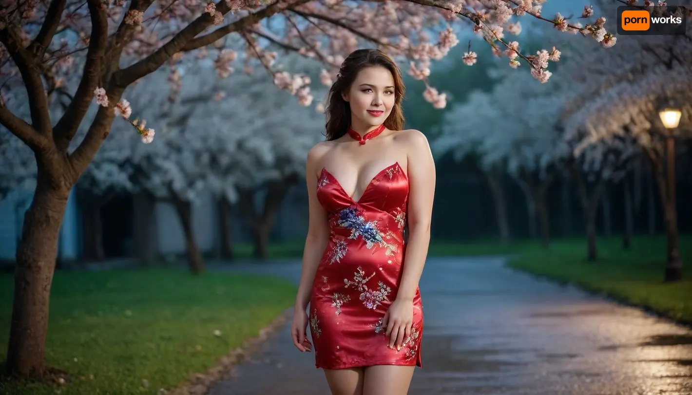 captivating young 5-feet Ukrainian brunette girl, chubby, smiling, desirable big breasts and thighs, cheongsam on completely bare body, barefoot, warm summer rain, blooming cherry tree, night moon glow
