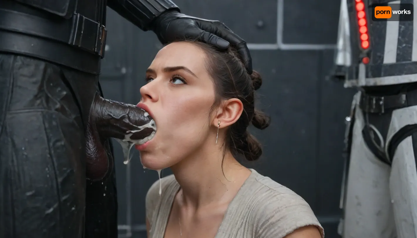 (Rey from Star Wars), (angry mad), (huge massive Darth Vader dick:1.4), (Darth Vader super white skin), (huge veiny wet dick), (((extreme painful creamy deepthroat))), ((cum)), (Star Wars starship background), <lora:Rey:2>