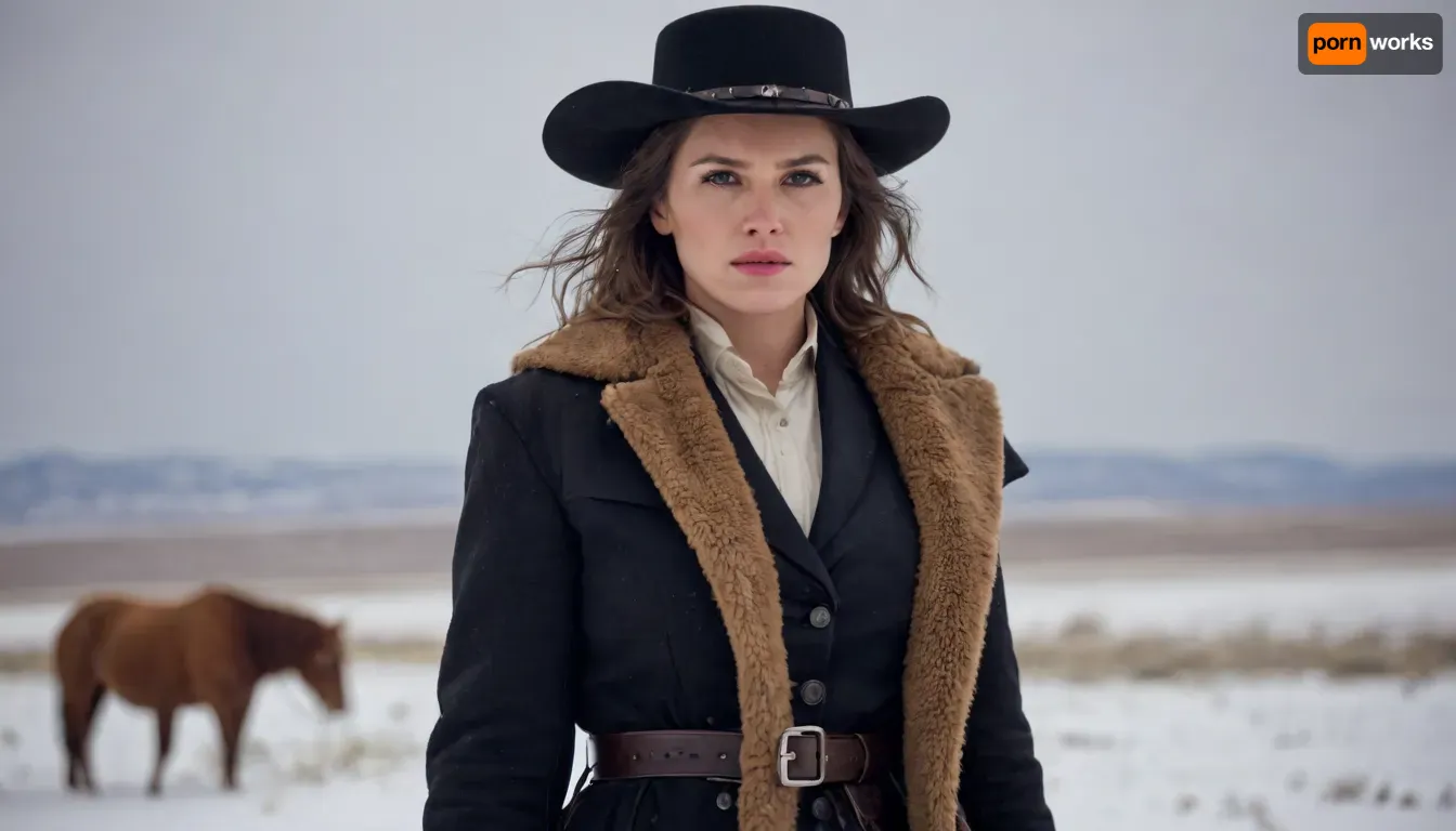 Cinematic photo of a gorgeous female Wild West gunslinger in the high plains in the snow, dramatic exciting photo, confident gaze, swagger, 8K, incredibly detailed, The, Hateful, Eight, film, style, <lora:The Hateful Eight film style:.8>