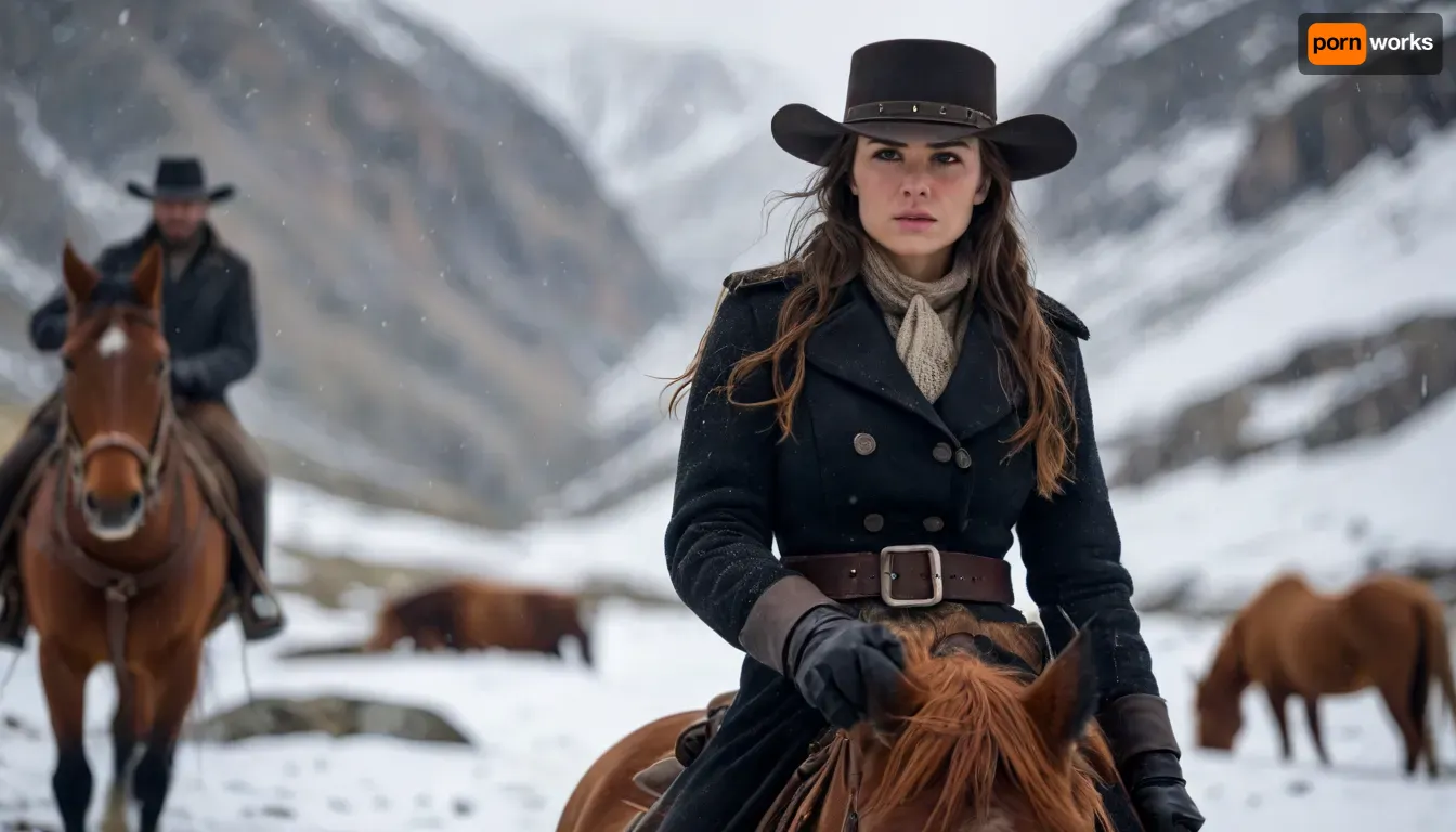 Cinematic photo of a gorgeous female Wild West gunslinger walking her horse through rugged Montana mountain terrain in a blizzard, dramatic exciting photo, confident gaze, swagger, 8K, incredibly detailed, bokeh, The, Hateful, Eight, film, style, <lora:The Hateful Eight film style:.8>, <lora:style_lora_realis:2>, <lora:add-detail-xl:2>