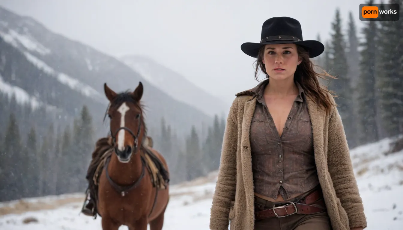 Cinematic photo of a gorgeous busty female Wild West gunslinger walking her horse through rugged Montana mountain terrain in a blizzard, most of her clothes are missing so she she is nude except for a torn flannel shirt and her hat, dramatic exciting photo, confident gaze, swagger, 8K, incredibly detailed, bokeh, The, Hateful, Eight, film, style, <lora:The Hateful Eight film style:2>