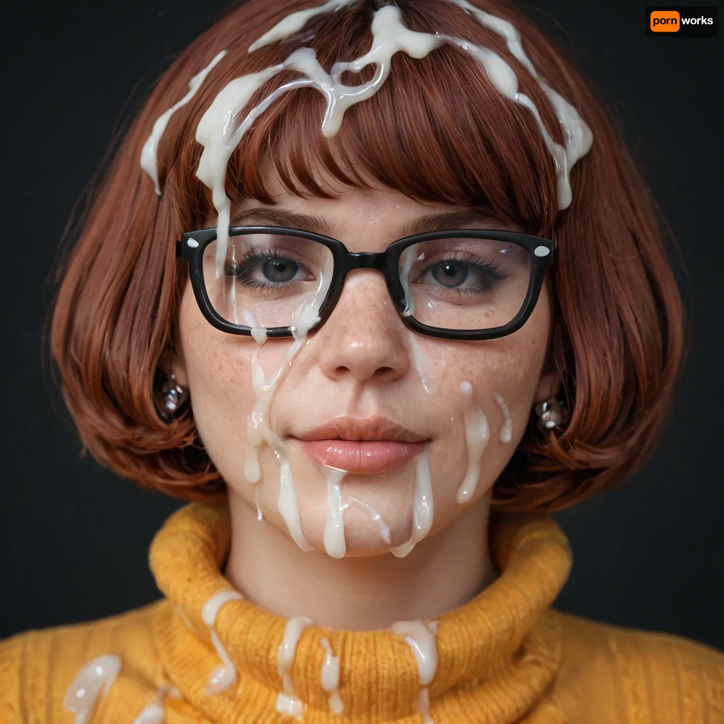 close-up on head and breasts of, ((30yo woman)), (Super sexy dusky Velma dinkley:1.3), ((straight bob haircut)), ((wearing Velma’s Cosplay)), looking at viewer, after having been fucked intensely, (massive breasts:1), head facing viewer, tired happy face, (realistic excessive thick runny cum all over her face and body), cum on hair, cum on forehead, nose full of cum, mouth full of cum, lots of very thick cum, loads of cum, woman, on, face, excessive bukkake, cum, facialized, superfacialized, black room, black background.