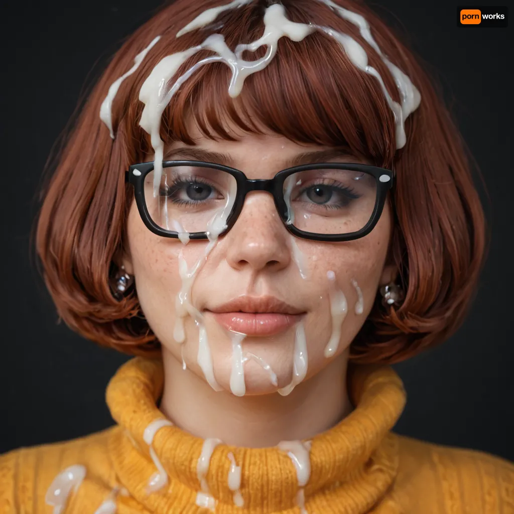 close-up on head and breasts of, ((30yo woman)), (Super sexy dusky Velma dinkley:1.3), ((straight bob haircut)), ((wearing Velma’s Cosplay)), looking at viewer, after having been fucked intensely, (massive breasts:1), head facing viewer, tired happy face, (realistic excessive thick runny cum all over her face and body), cum on hair, cum on forehead, nose full of cum, mouth full of cum, lots of very thick cum, loads of cum, woman, on, face, excessive bukkake, cum, facialized, superfacialized, black room, black background.