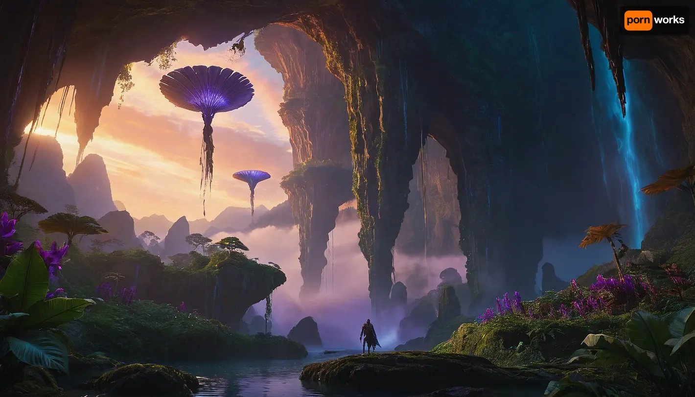 Towering, jagged rock formations suspended impossibly in mid-air, draped with lush alien flora that glows with faint bioluminescence under Pandora's twilight sky. Waterfalls cascade from the floating islands' edges into misty abysses below, while thick vines and twisted roots bridge the gaps between landmasses. Distant, larger floating mountains pierce the violet-hued clouds, their undersides revealing striated mineral layers that shimmer with embedded crystals. In the foreground, a lone banshee rider soars past a cluster of giant fan-like leaves, emphasizing the sheer, vertigo-inducing scale of this otherworldly landscape.