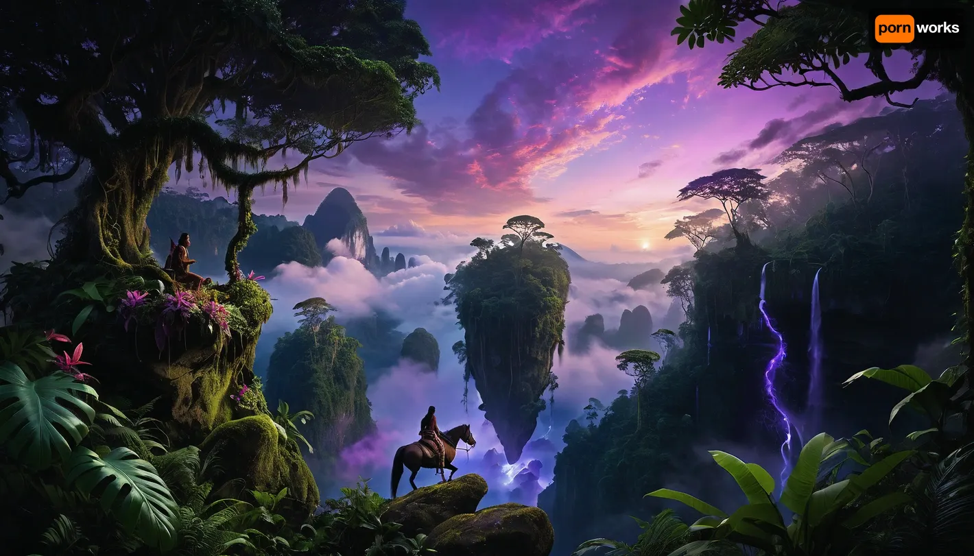 (Vibrant, awe-inspiring, fantastical rainforest landscape:1.3), towering, (floating islands:1.2), covered in lush, dense foliage, vibrant green moss, and sprawling vines, ((bioluminescent purple and blue glow emanating from within the rocks and plants)), 1.4, connected by natural bridges, mystical atmosphere, ancient temples built into the rock, distant jagged mountains piercing through a soft, hazy cloud layer, (early morning twilight:1.1), with a celestial pink and lavender gradient sky, ((a lone indigenous rider on a flying creature soaring through the forest below)), 1.3, intricate plant life in the foreground, highly detailed, photorealistic, cinematic lighting, volumetric fog, ethereal, epic scale, octane render, 8k, masterpiece, global illumination, atmospheric perspective
