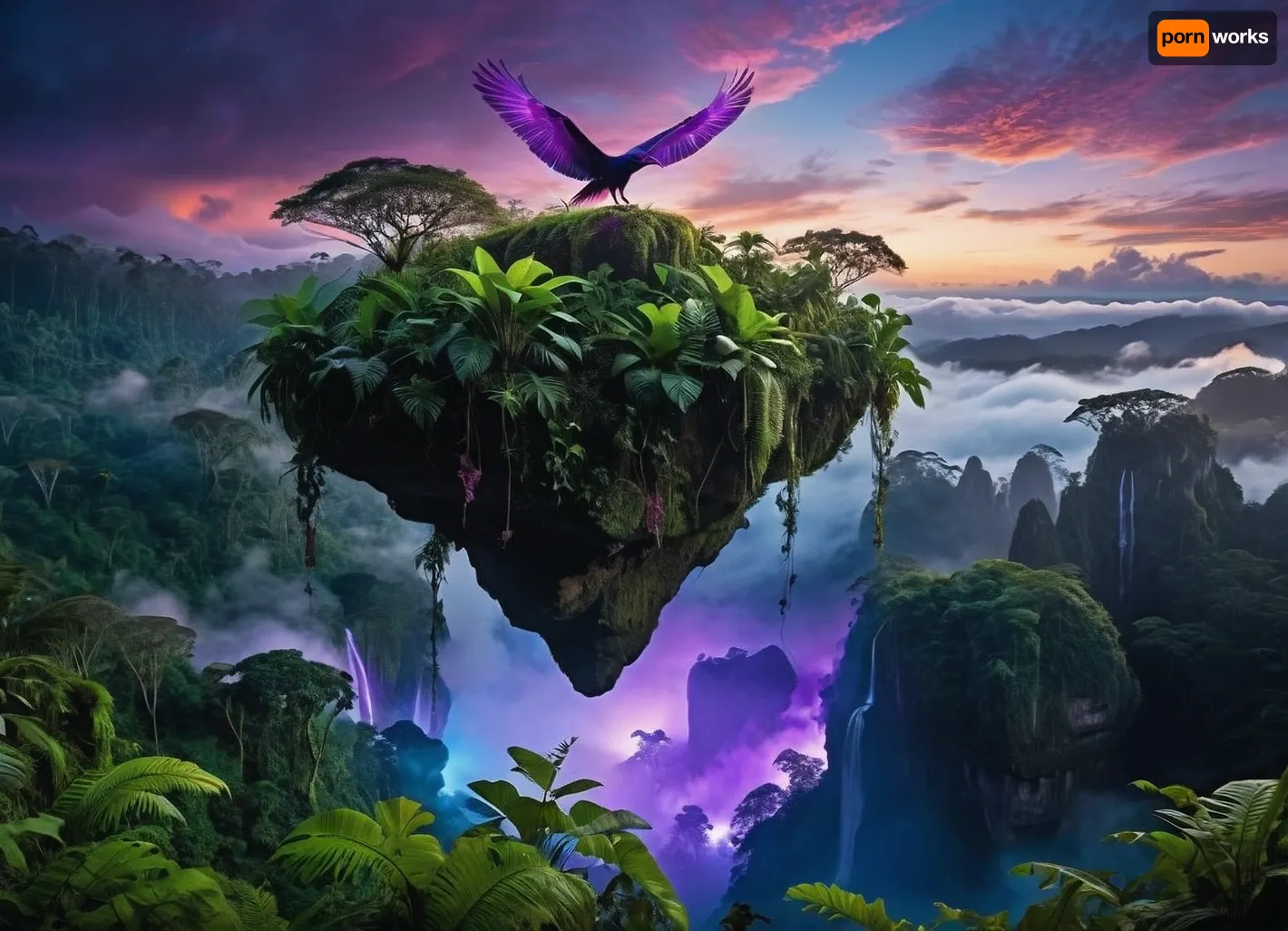 (Vibrant, awe-inspiring, fantastical rainforest landscape:1.3), towering, (floating islands:1.2), covered in lush, dense foliage, vibrant green moss, and sprawling vines, ((bioluminescent purple and blue glow emanating from within the rocks and plants)), 1.4, connected by natural bridges, mystical atmosphere, ancient temples built into the rock, distant jagged mountains piercing through a soft, hazy cloud layer, (early morning twilight:1.1), with a celestial pink and lavender gradient sky, ((a lone indigenous rider on a flying creature soaring through the forest below)), 1.3, intricate plant life in the foreground, highly detailed, photorealistic, cinematic lighting, volumetric fog, ethereal, epic scale, octane render, 8k, masterpiece, global illumination, atmospheric perspective