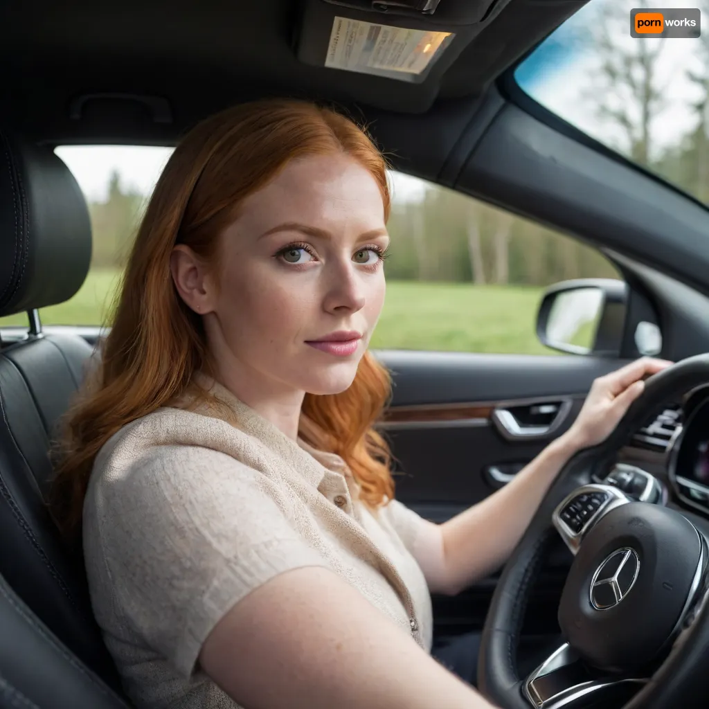 32 year old ginger driving a 2025 Mercedes Benz car, facing the road, hands on the steering wheel, view from passengers side.