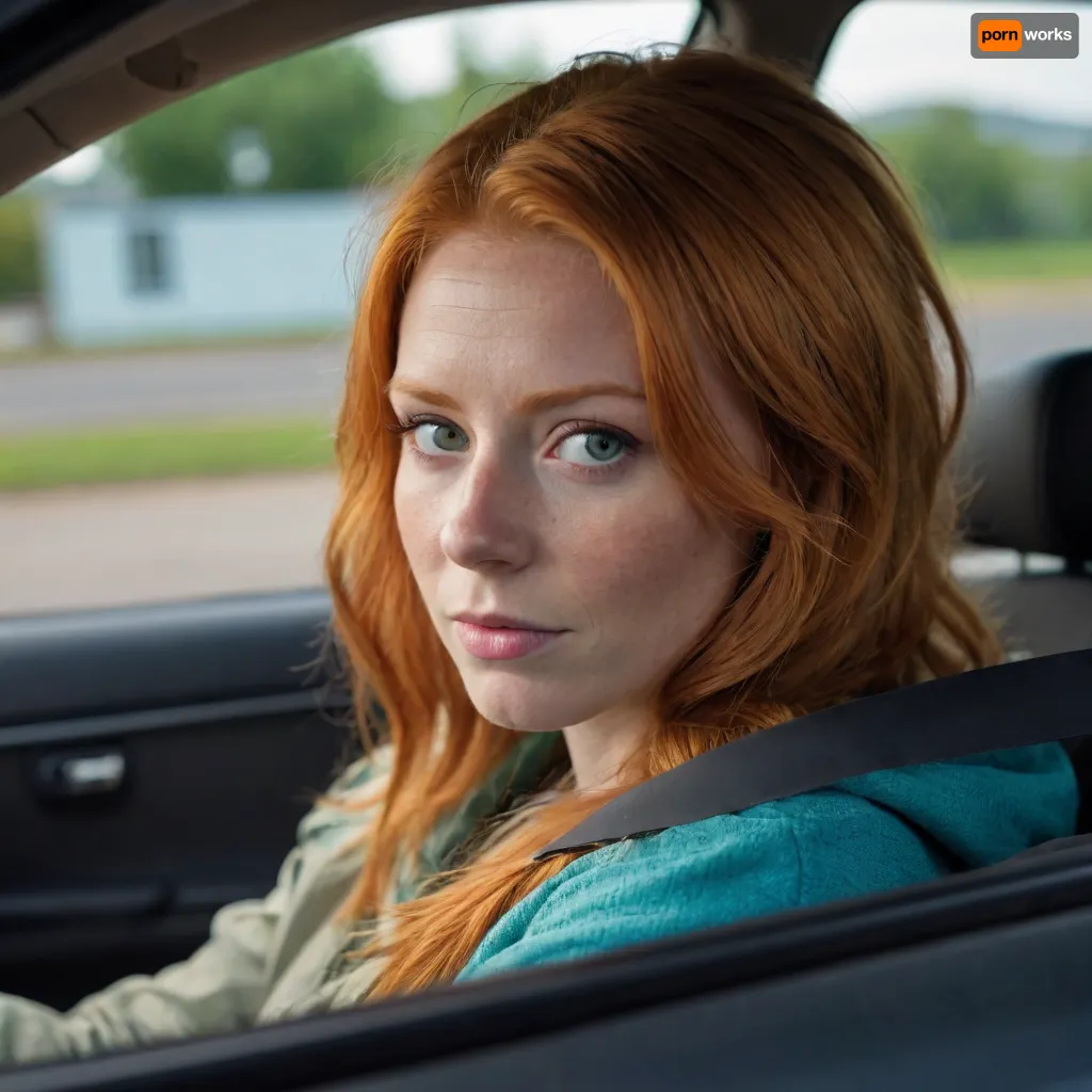 32 year old ginger driving a car, viewing from outside the vehicle